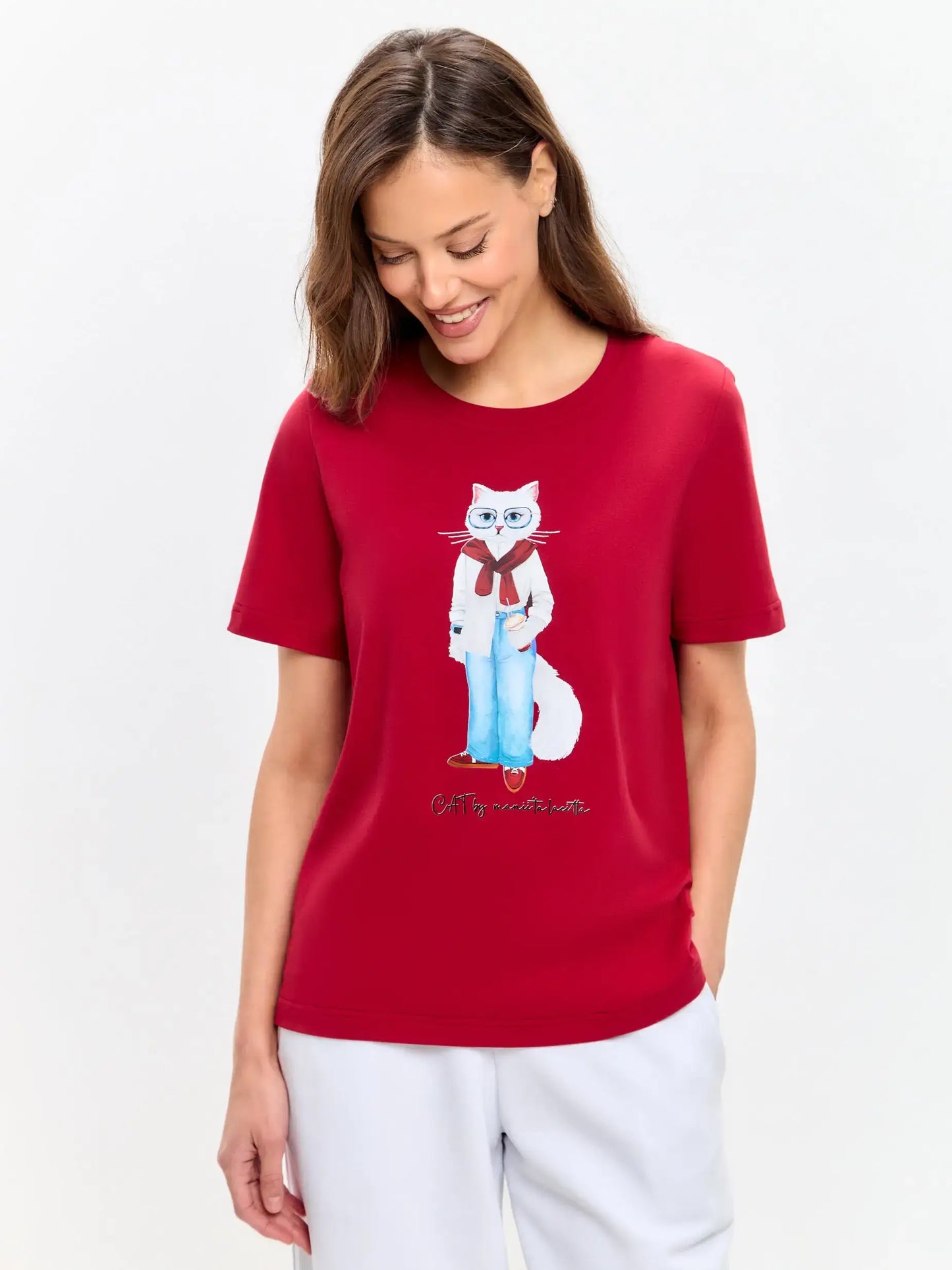 Red Printed T-shirt COFFEE CAT - T-shirt