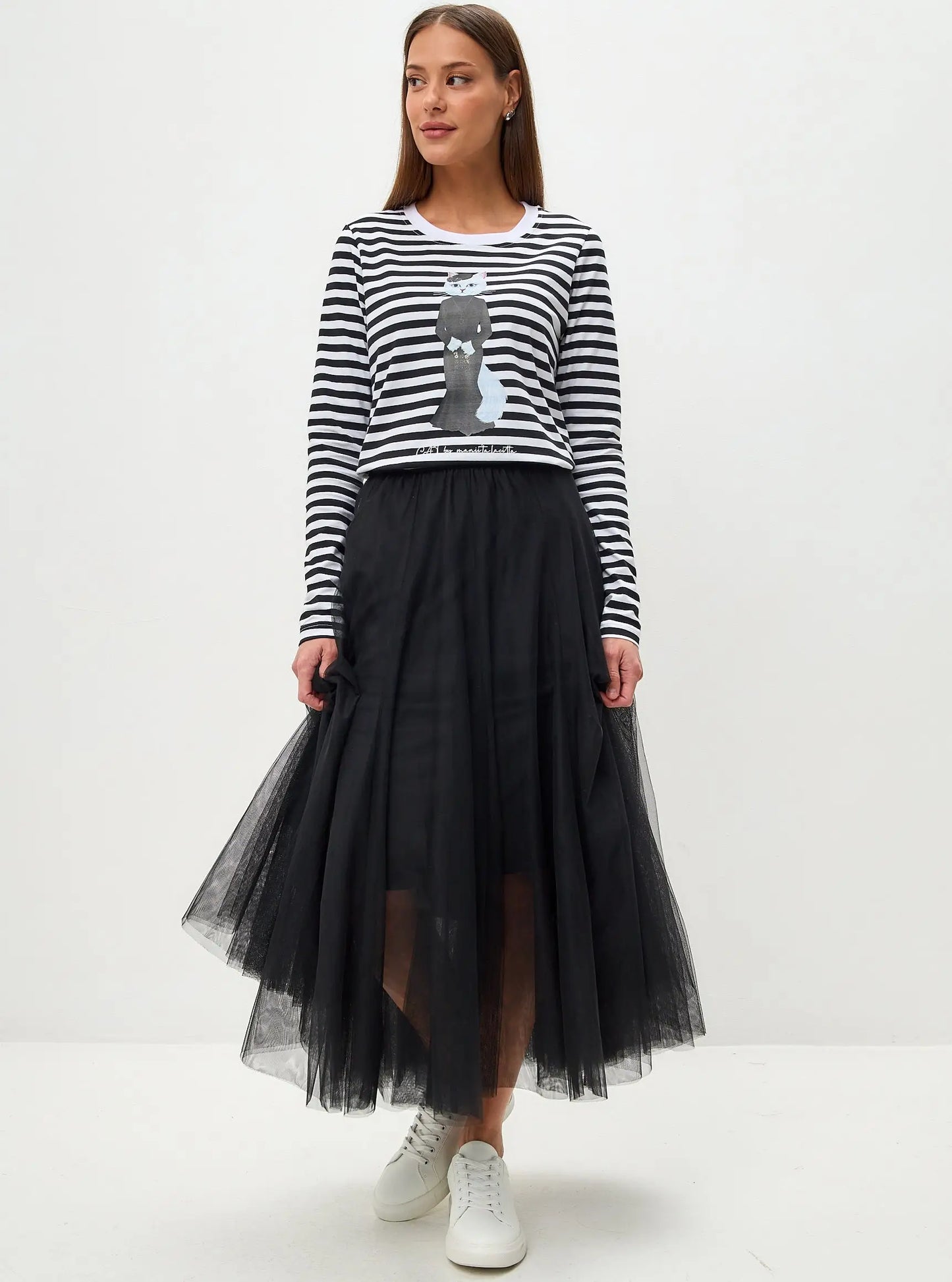 Set: women’s long sleeve striped with white cat and black tulle skirt - Funny Cat | For Cat Lovers | CAT by maniita