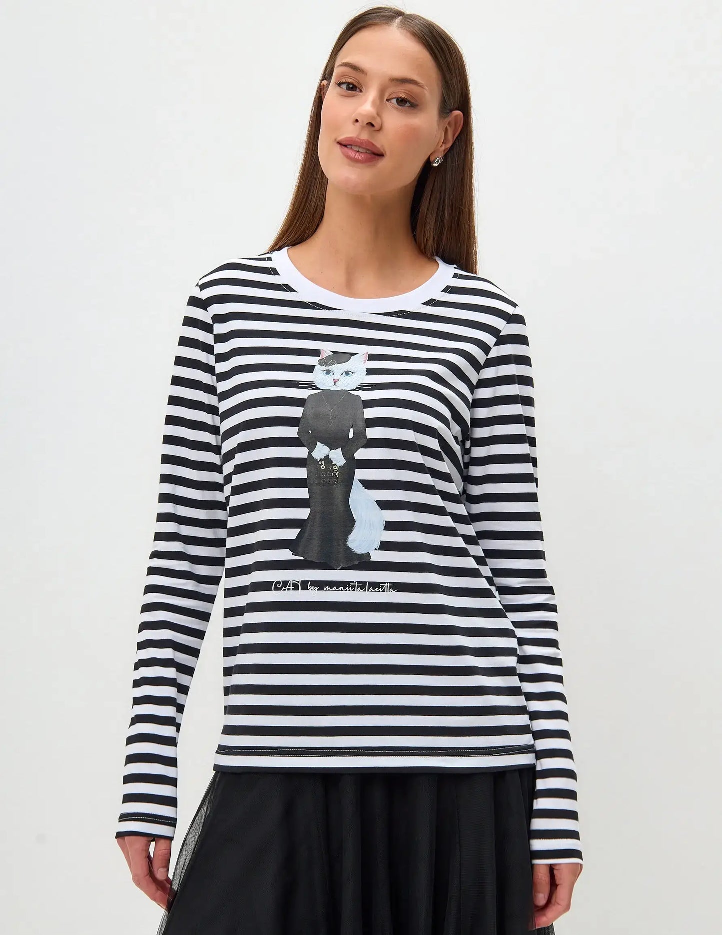 Set: women’s long sleeve striped with white cat and black tulle skirt - Funny Cat | For Cat Lovers | CAT by maniita