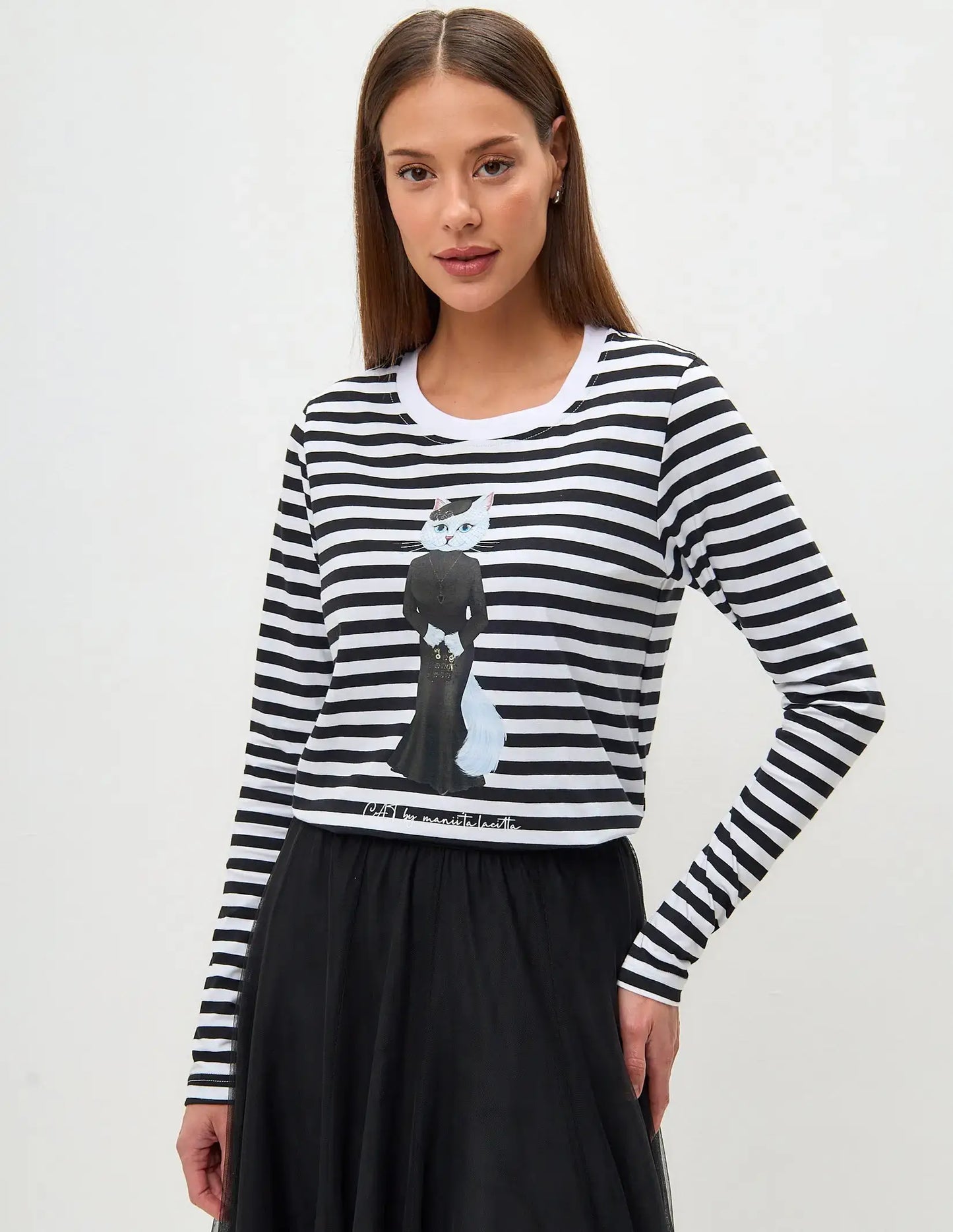 Set: women’s long sleeve striped with white cat and black tulle skirt - Funny Cat | For Cat Lovers | CAT by maniita