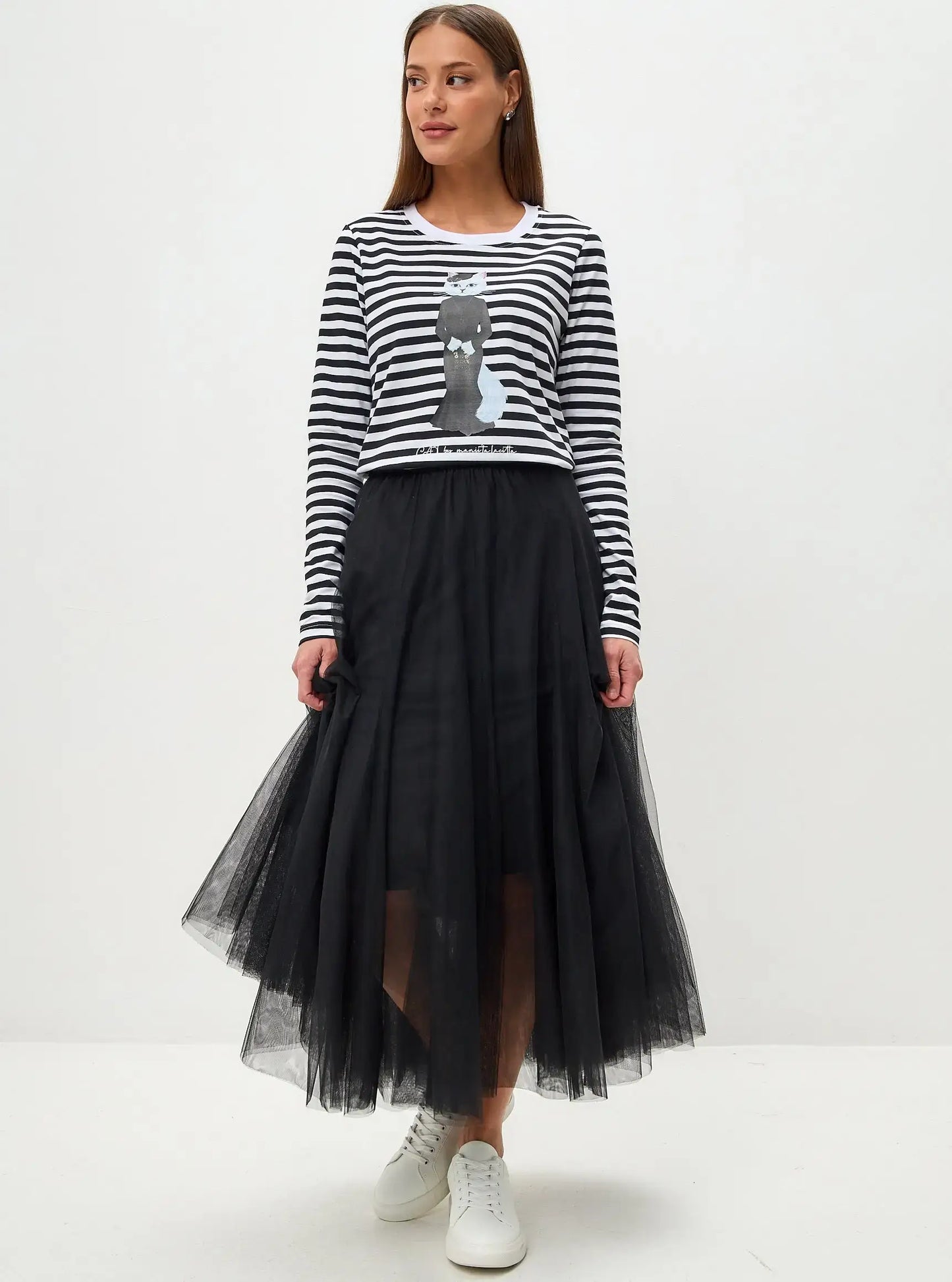 Set: women’s long sleeve striped with white cat and black tulle skirt - Funny Cat | For Cat Lovers | CAT by maniita