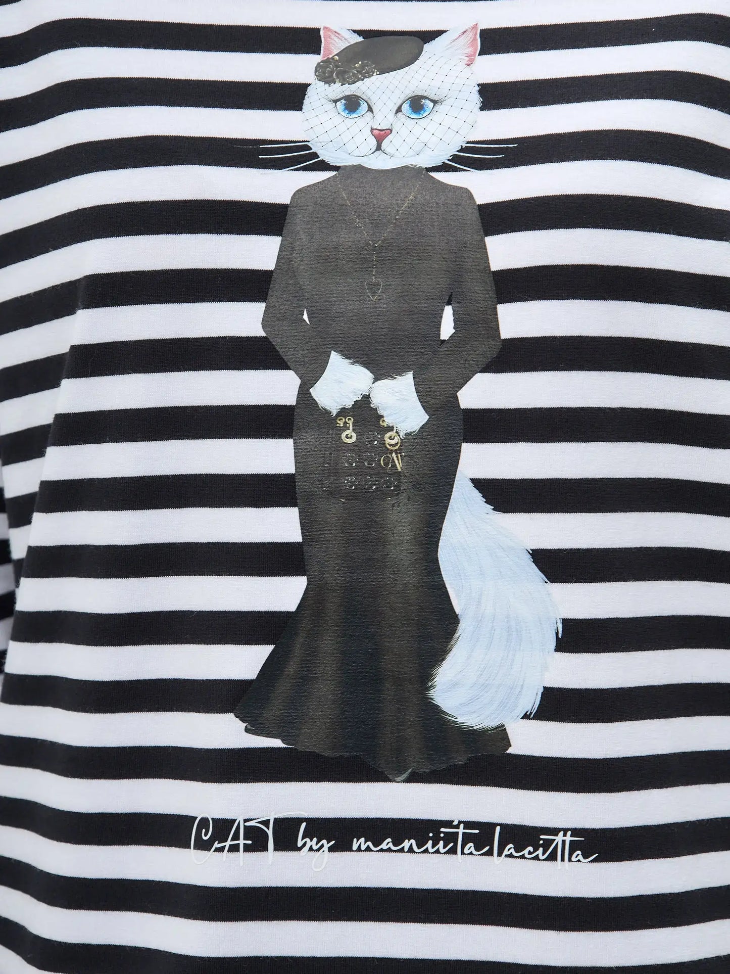 Set: women’s long sleeve striped with white cat and black tulle skirt - Funny Cat | For Cat Lovers | CAT by maniita