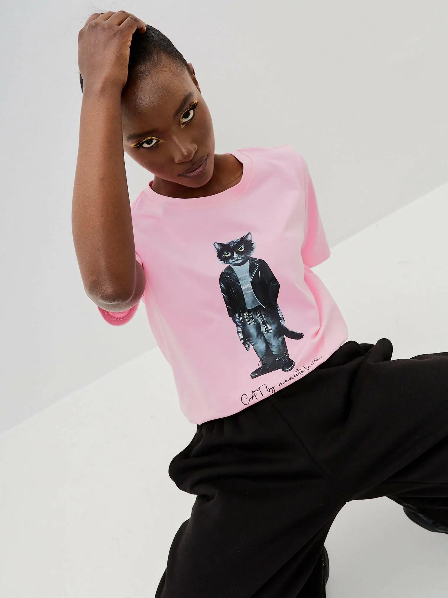 Set: women’s pink t-shirt with rocker cat print and black wide sweatpants - Funny Cat | For Cat Lovers | CAT by maniita