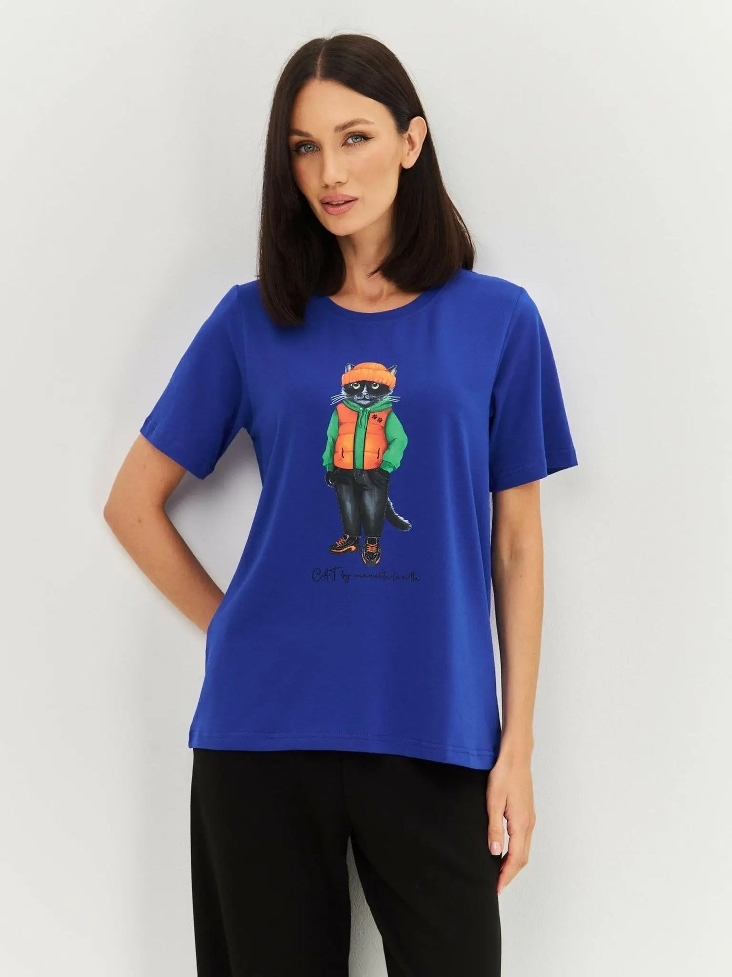Set: women’s royal blue t-shirt with cat print and black wide-leg sweatpants - Funny Cat | For Cat Lovers | CAT