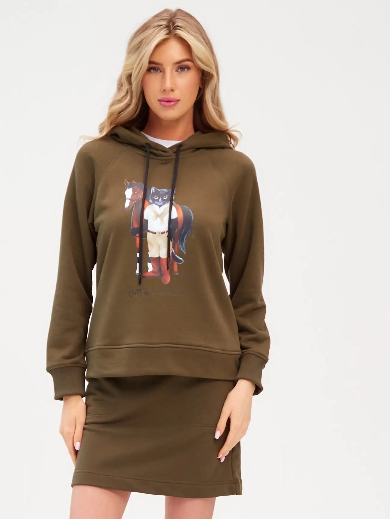 Set: women’s sports chic suit with skirt olive with a cat print - Funny Cat | For Cat Lovers | CAT by maniita lacitta