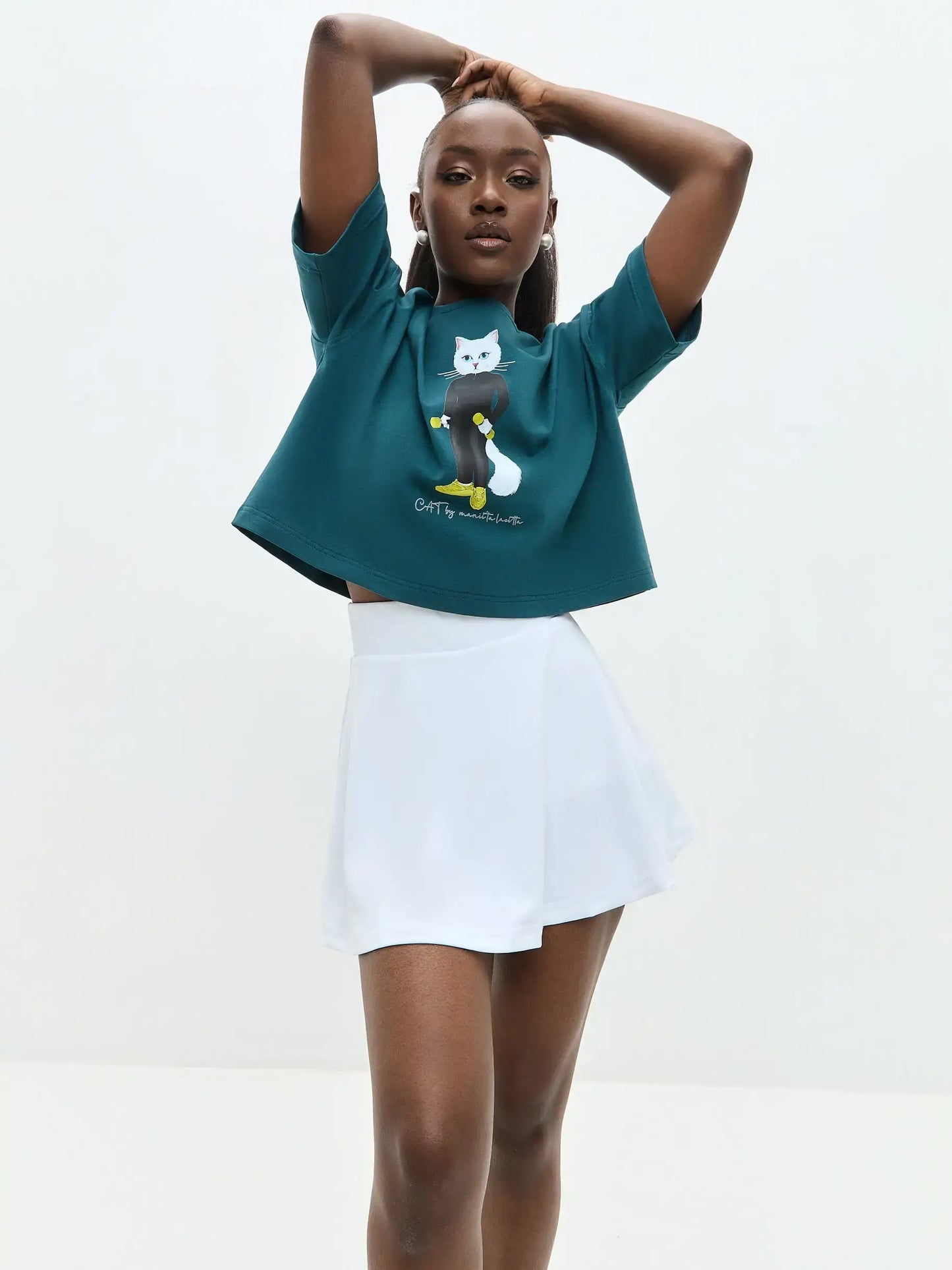 Sport set: blue short oversized t-shirt sport cat & white women’s sport skorts - Funny Cat | For Cat Lovers | CAT