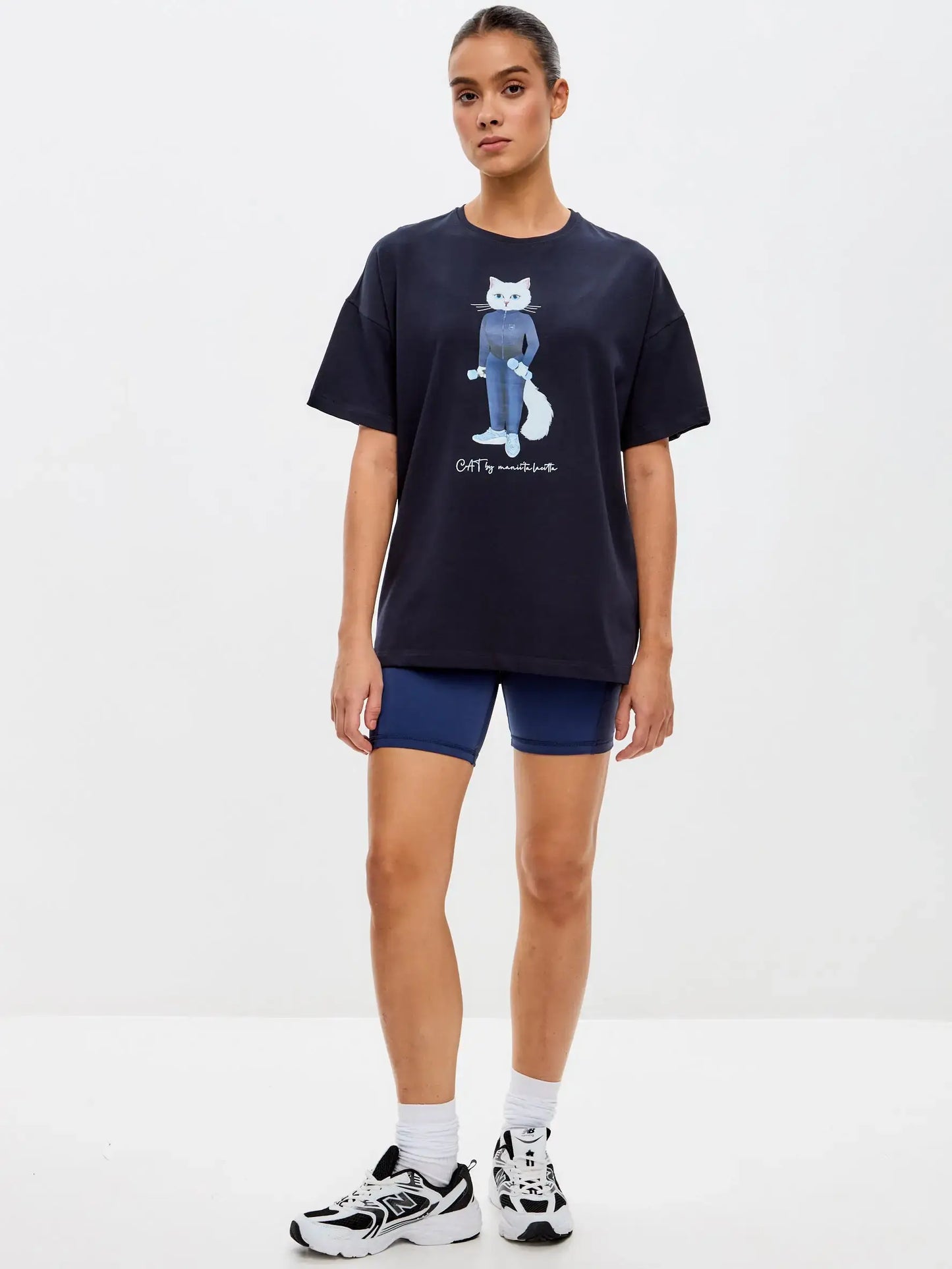 Sport set: blue t-shirt sport white cat & blue women’s sport shorts - Funny Cat | For Cat Lovers | CAT by maniita