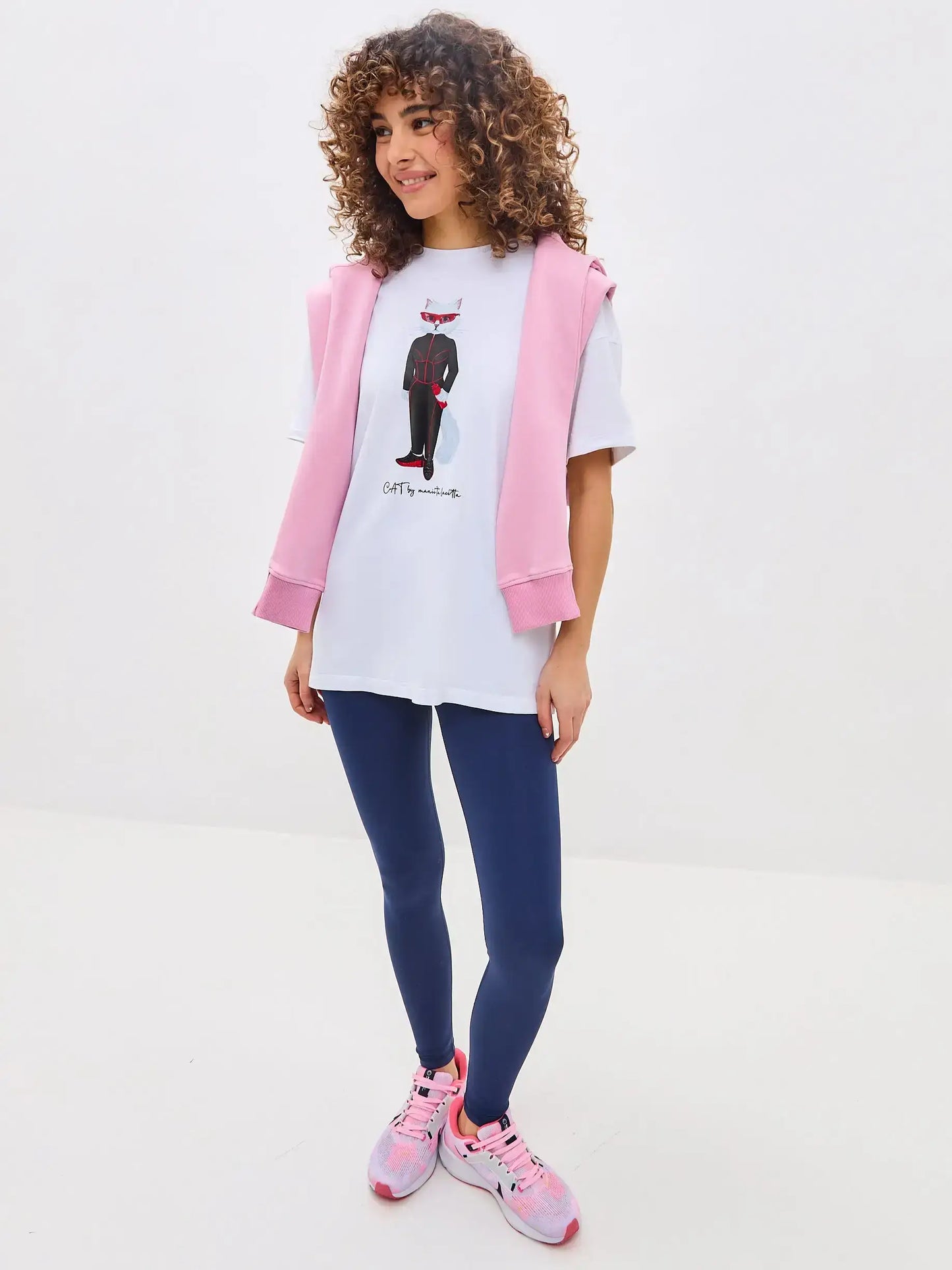Sport set: white oversized t-shirt sport cat & blue women’s leggins - Funny Cat | For Cat Lovers | CAT by maniita