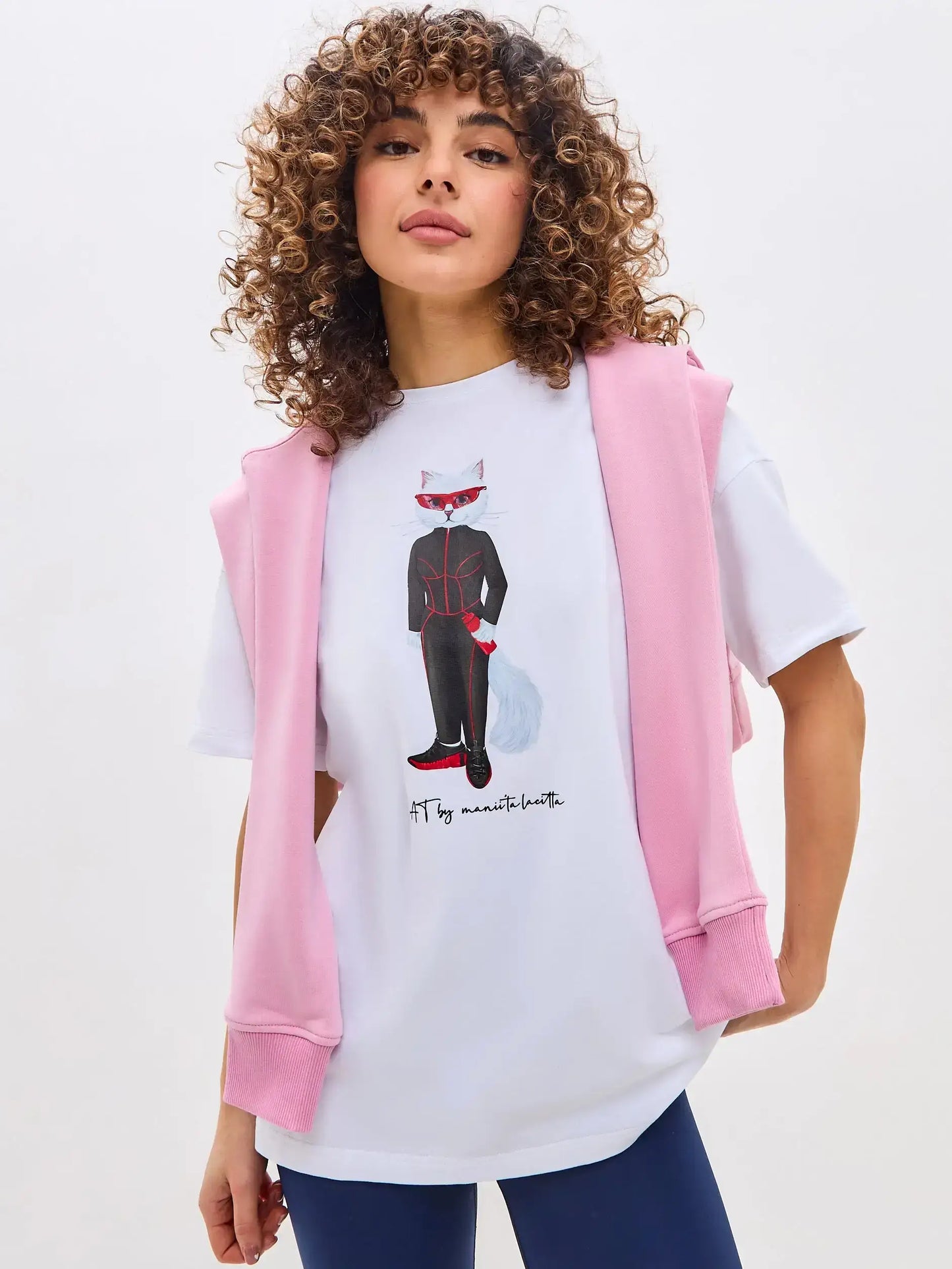Sport set: white oversized t-shirt sport cat & blue women’s leggins - Funny Cat | For Cat Lovers | CAT by maniita