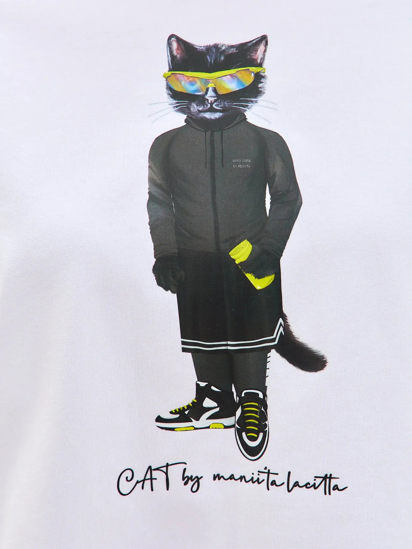 Sport set: white short oversized t-shirt sport cat & black women’s sport skorts - Funny Cat | For Cat Lovers | CAT