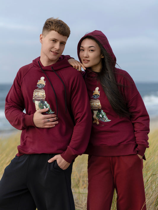 Burgundy oversized hoodie christmas cat