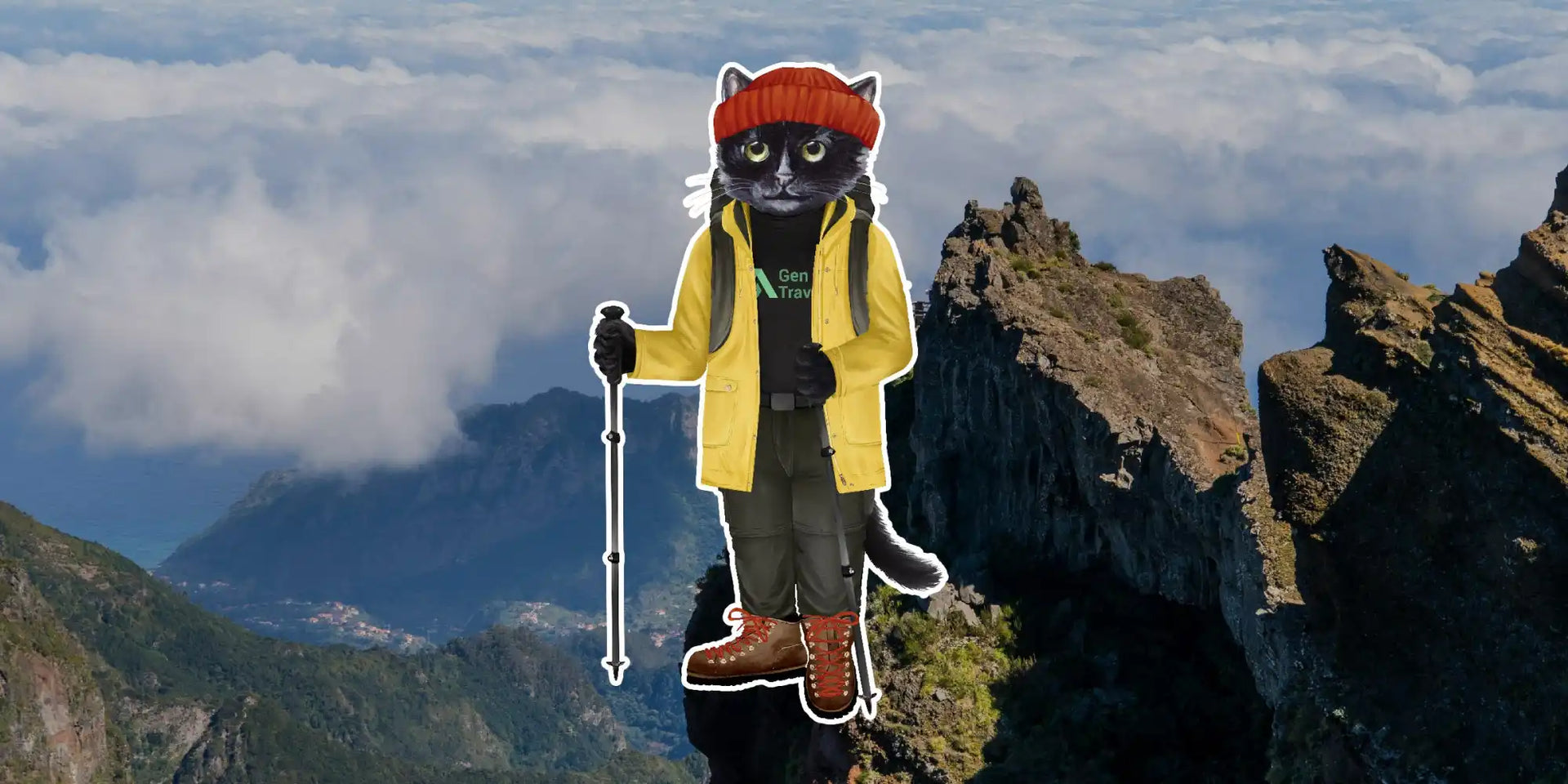 Anthropomorphic cat hiker.