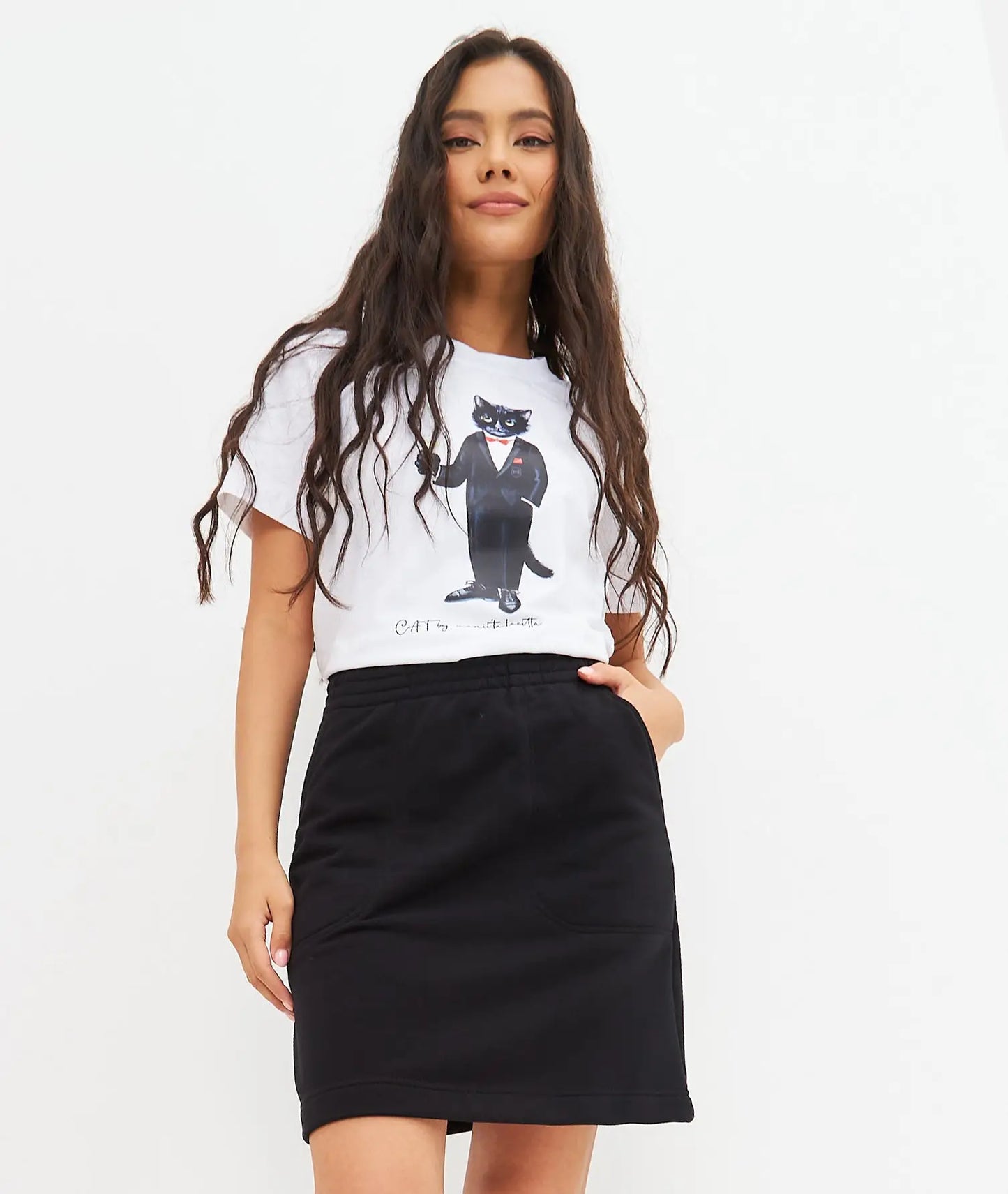 Basic set: women’s white t-shirt and skirt with cat print dandy cat - Funny Cat | For Cat Lovers | CAT by maniita