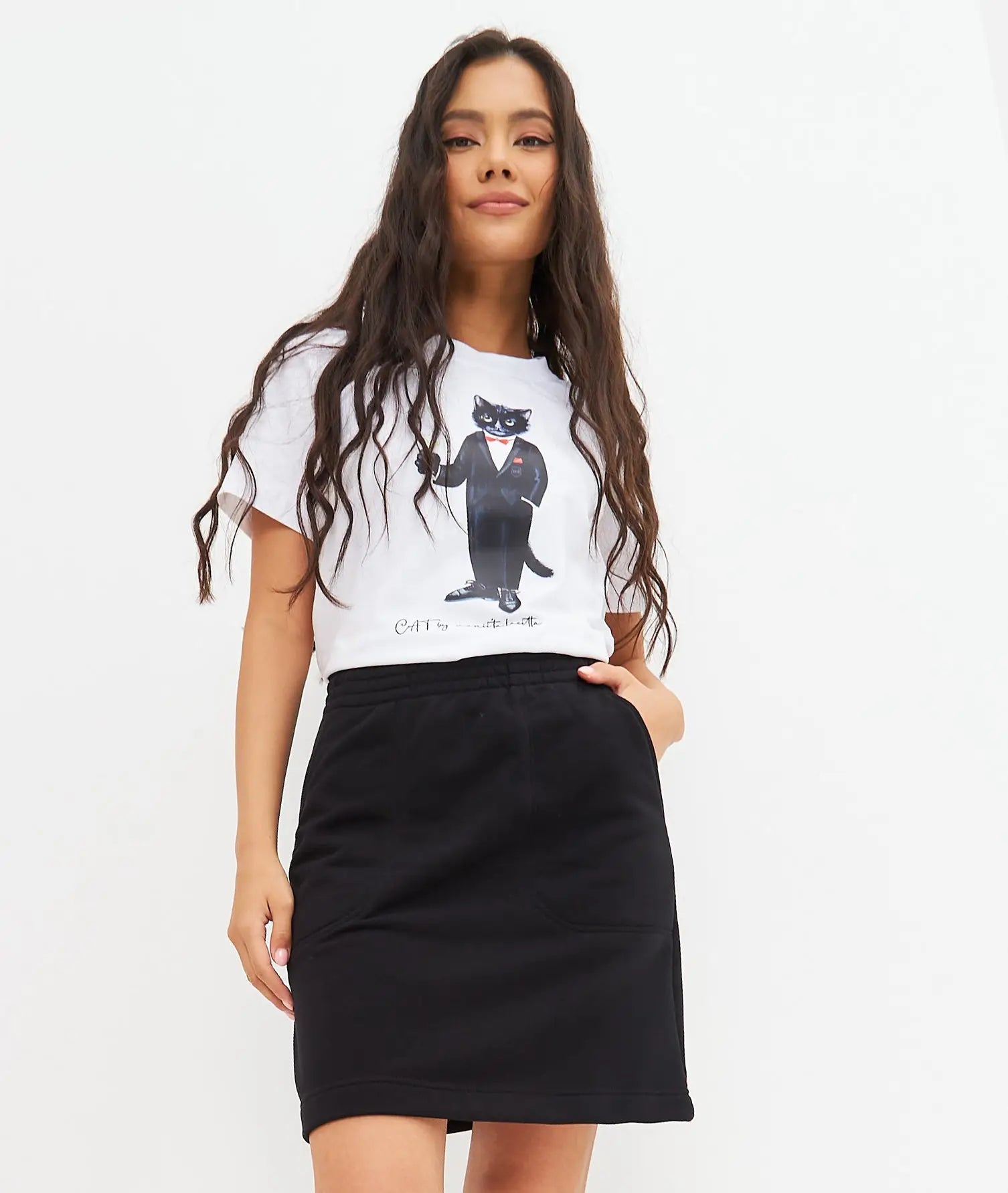 Basic set: women’s white t-shirt and skirt with cat print dandy cat - Funny Cat | For Cat Lovers | CAT by maniita