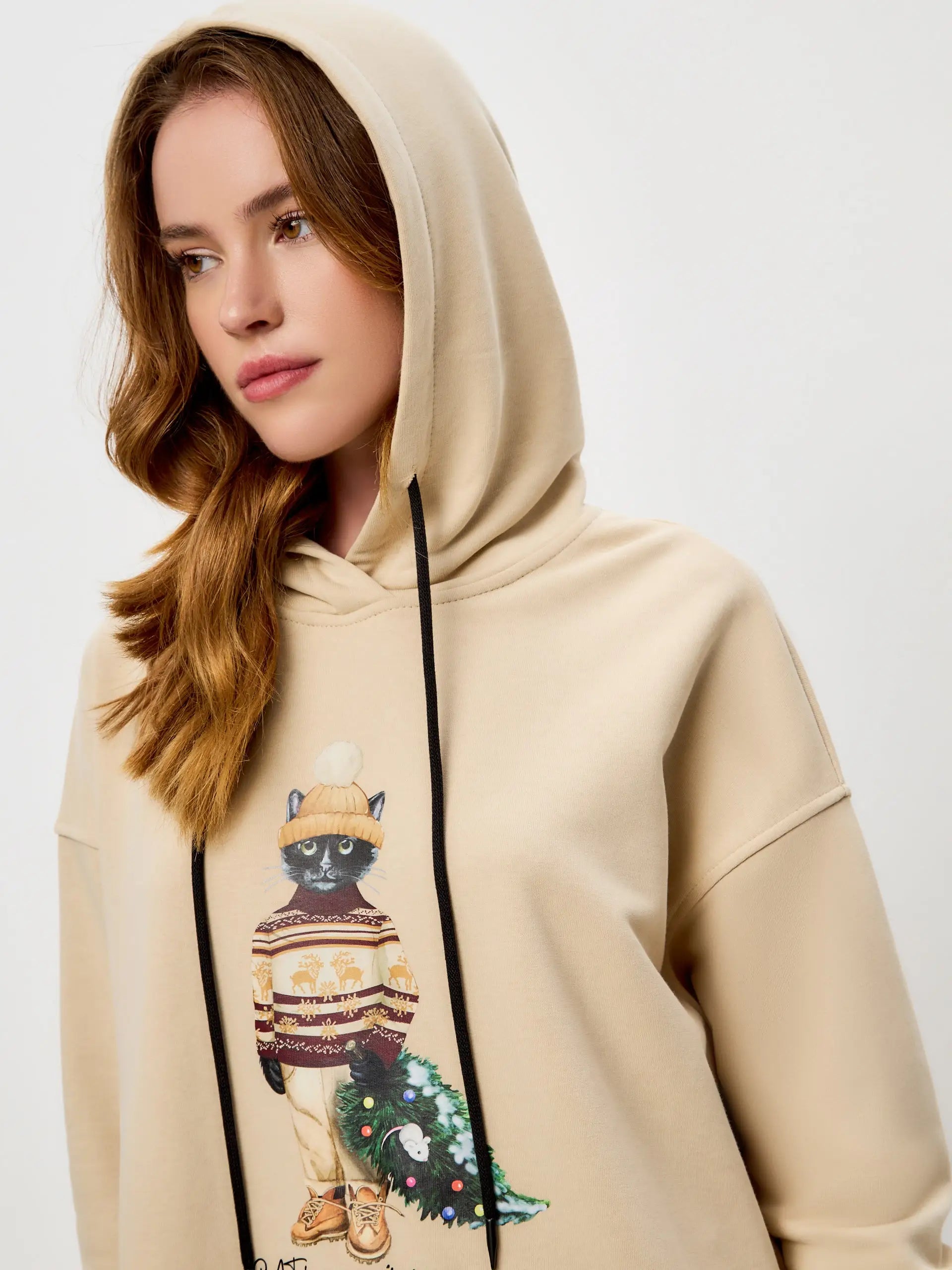 Beige oversized hoodie christmas cat - Funny Cat Hoodie & sweatshirt | For Cat Lovers | CAT by maniita