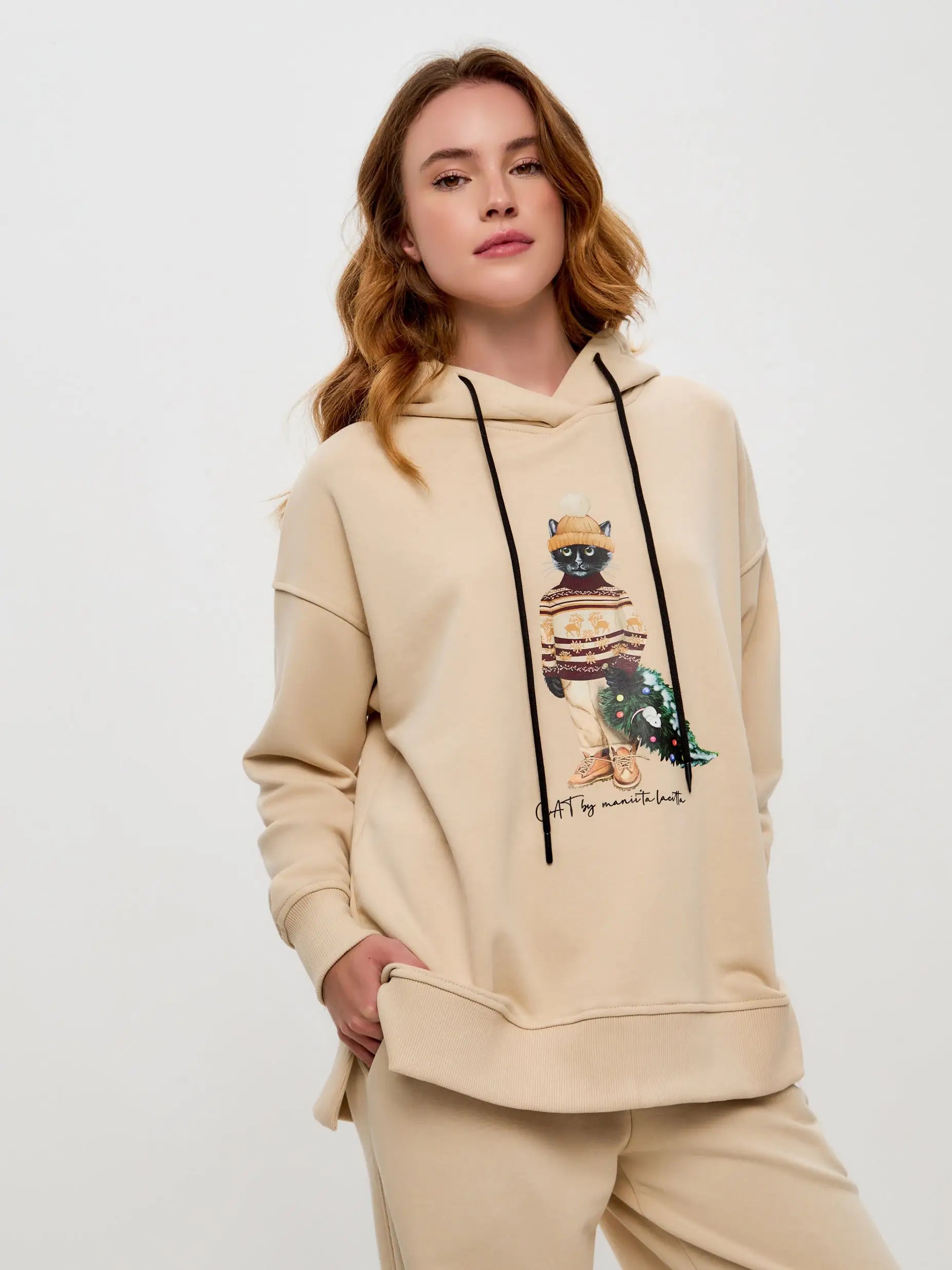 Beige oversized hoodie christmas cat - Funny Cat Hoodie & sweatshirt | For Cat Lovers | CAT by maniita