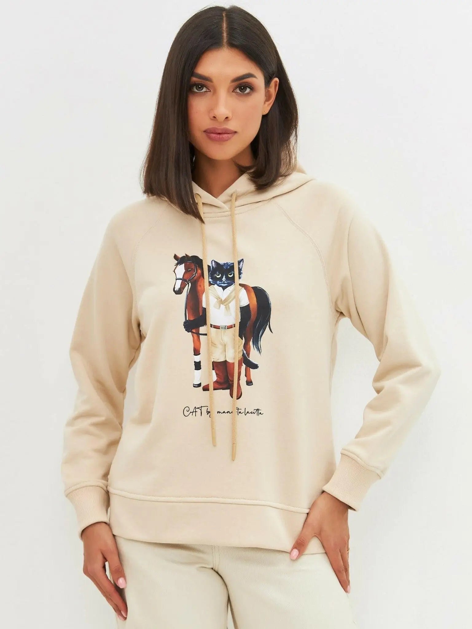 Beige printed hoodie rider cat - Funny Cat Hoodie & sweatshirt | For Cat Lovers | CAT by maniita