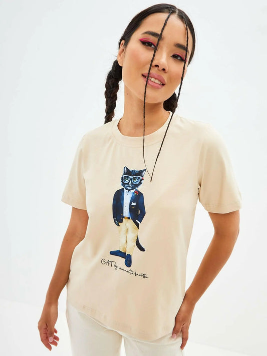 Beige printed t-shirt regatta cat - Funny Cat T-shirt | For Cat Lovers | CAT by maniita lacitta