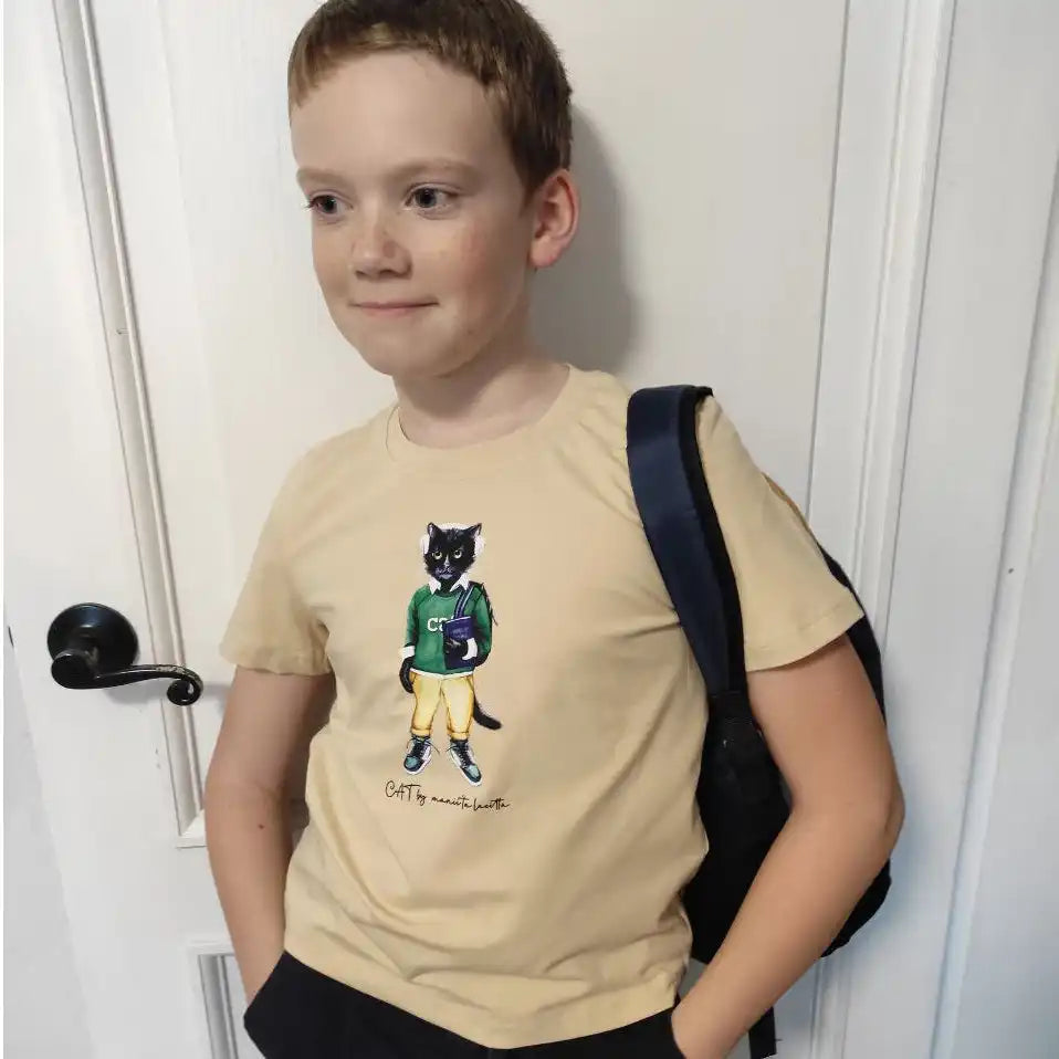 Beige t-shirt with black cat graphic and green shirt design, material unknown but likely cotton or polyester blend.