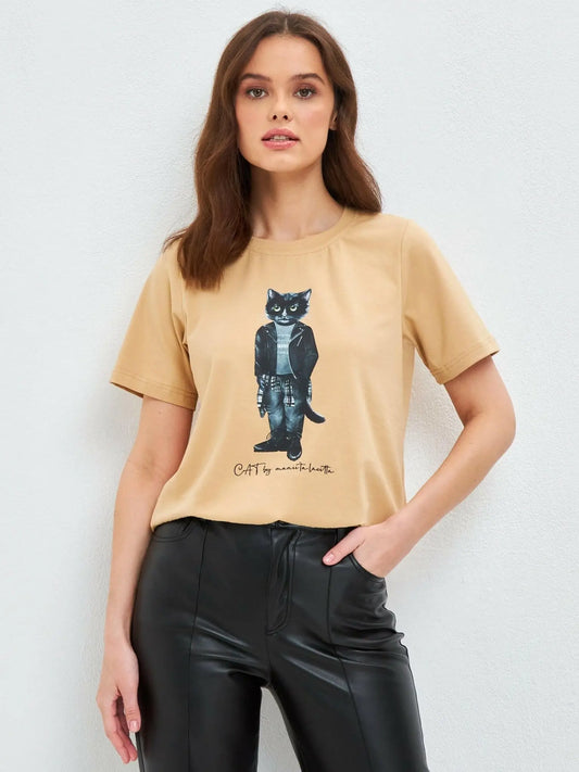 Beige t-shirt rocker cat - Funny Cat T-shirt | For Cat Lovers | CAT by maniita lacitta