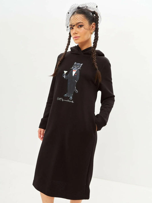 Black printed hoodie dress dandy cat - Funny Cat Dress | For Cat Lovers | CAT by maniita lacitta