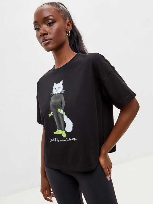 Black short oversized t-shirt sport cat - Funny Cat T-shirt | For Cat Lovers | CAT by maniita lacitta
