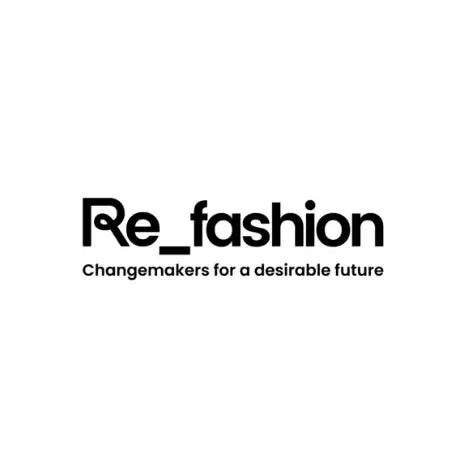 Black and white re_fashion logo with ’changemakers for a desirable future’ tagline.