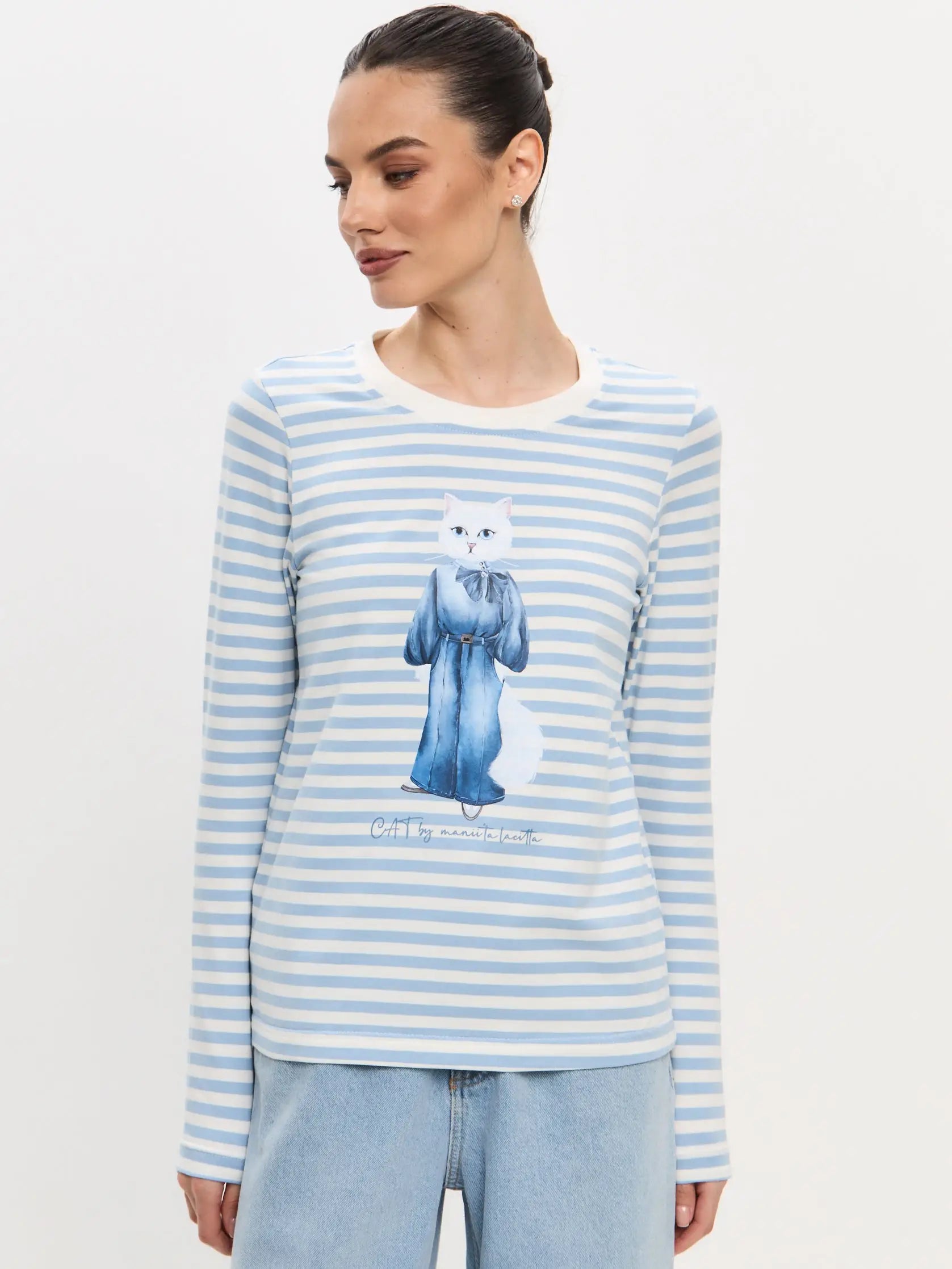 Blue longsleeve denim cat - Funny Cat Shirt & Striped shirt | For Cat Lovers | CAT by maniita