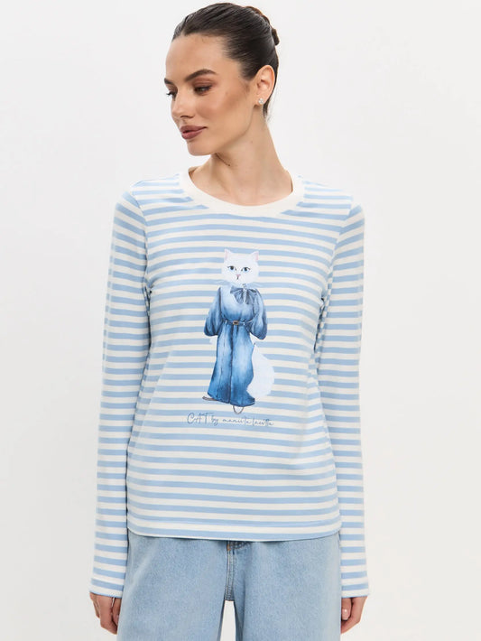 Blue longsleeve denim cat - Funny Cat Shirt & Striped shirt | For Cat Lovers | CAT by maniita