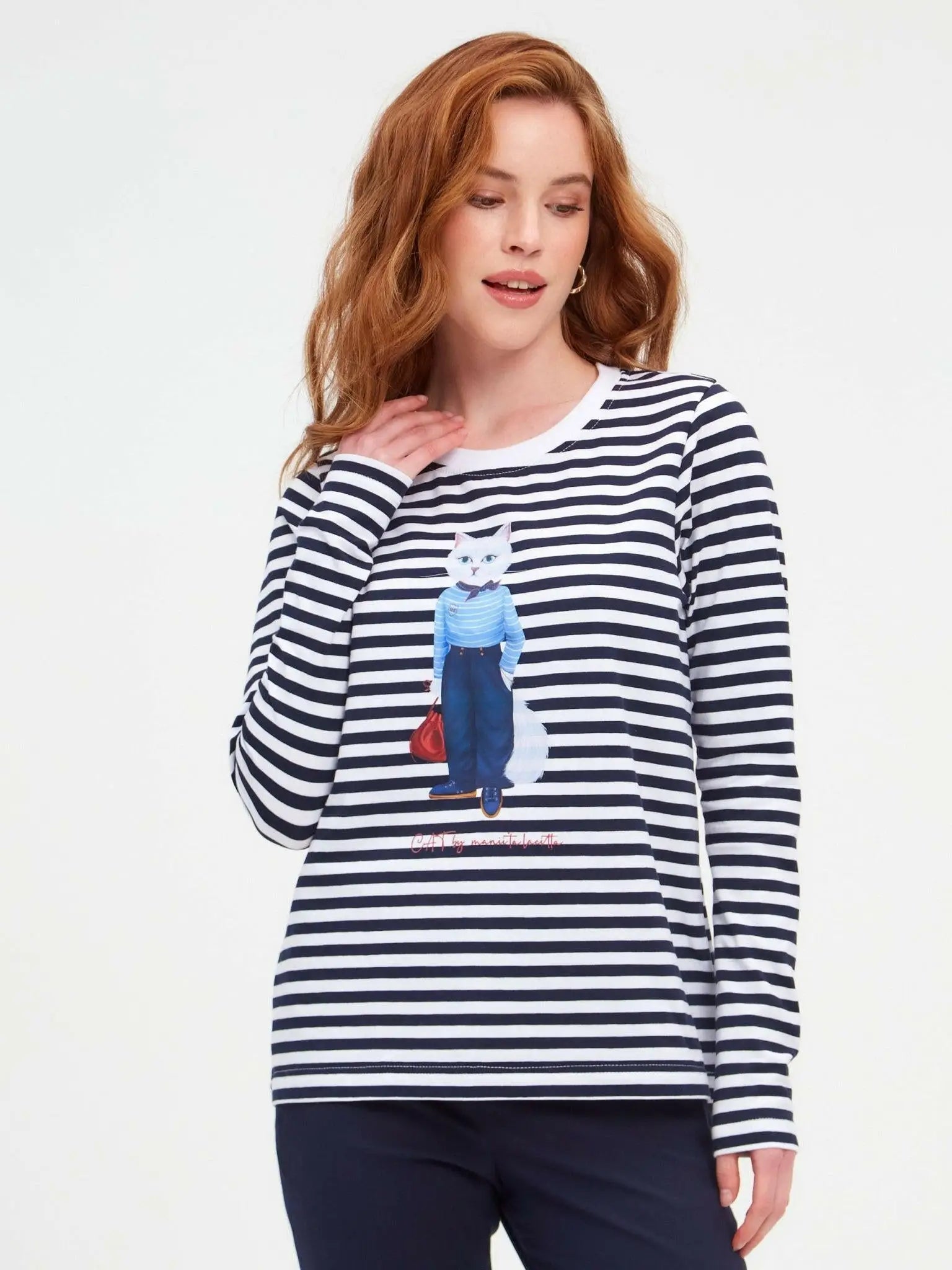 Blue printed longsleeve mariner cat - Funny Cat Shirt & Striped shirt | For Cat Lovers | CAT by maniita