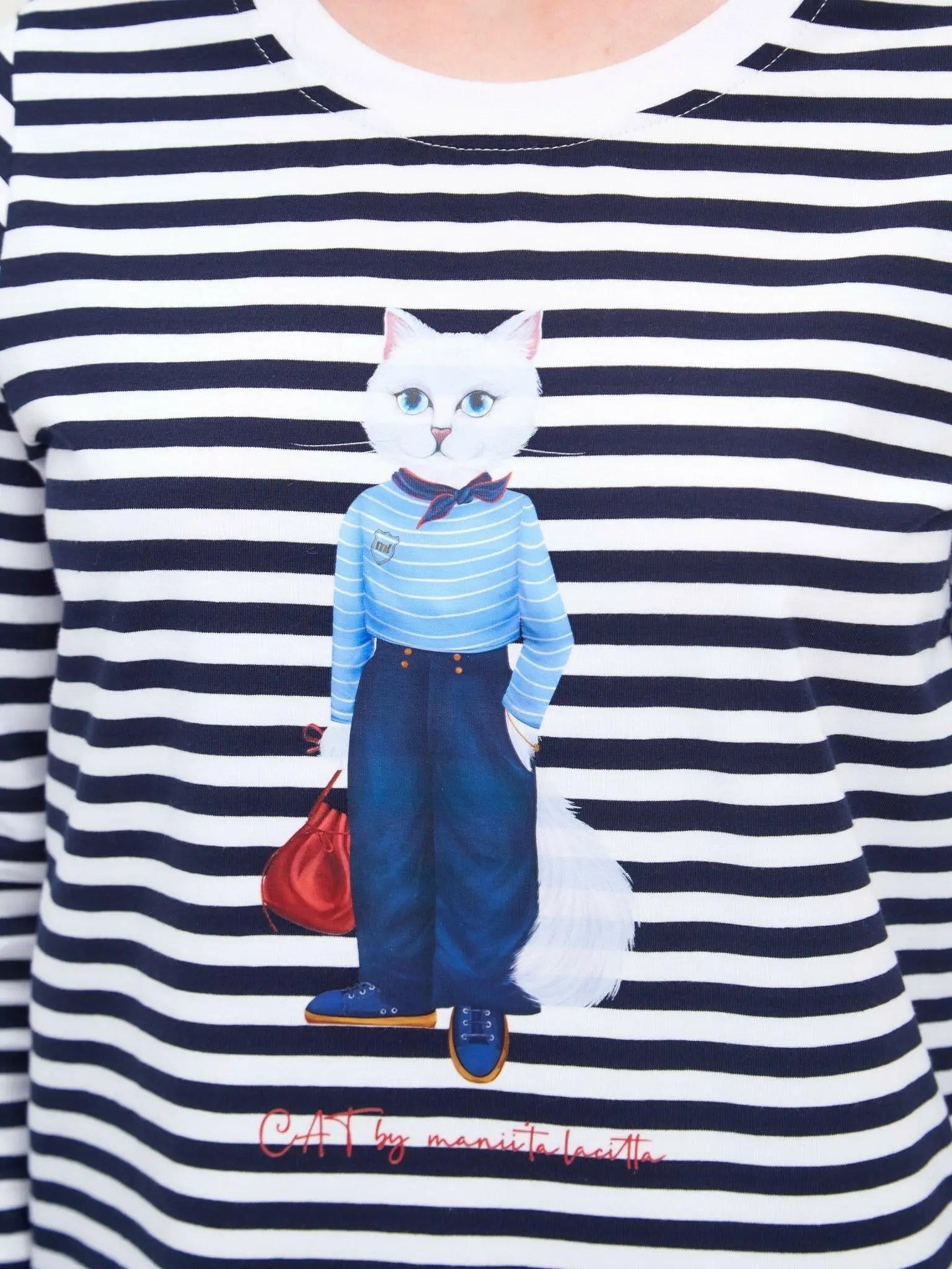 Blue printed longsleeve mariner cat - Funny Cat Shirt & Striped shirt | For Cat Lovers | CAT by maniita