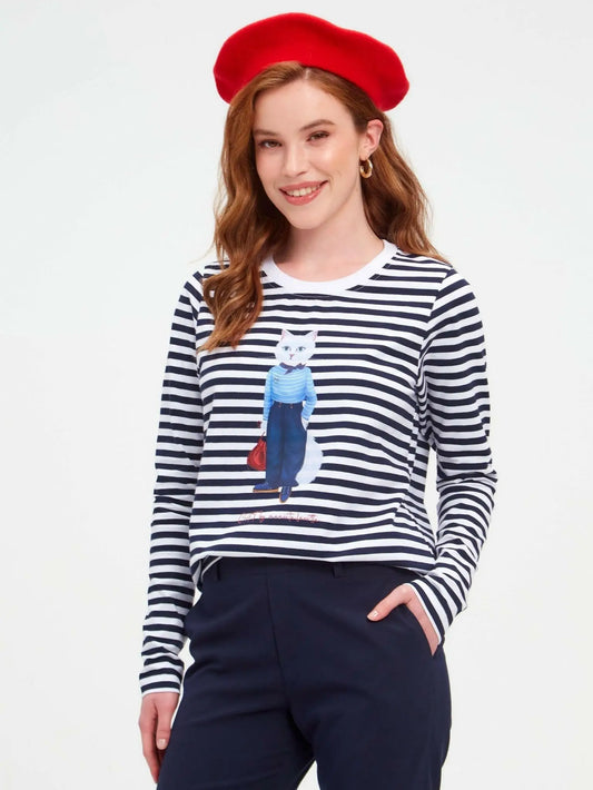 Blue printed longsleeve mariner cat - Funny Cat Shirt & Striped shirt | For Cat Lovers | CAT by maniita