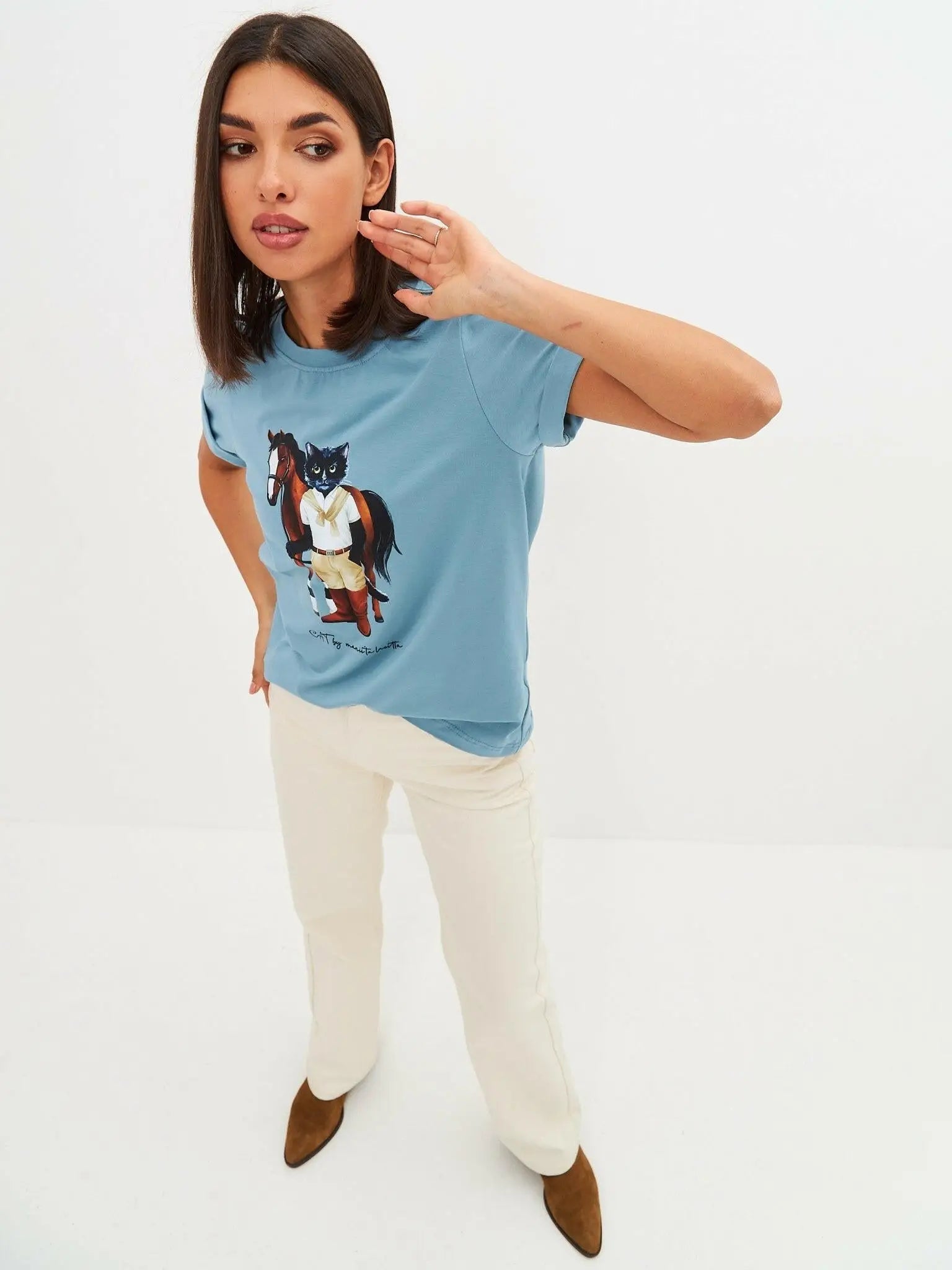 Blue printed t-shirt rider cat - Funny Cat T-shirt | For Cat Lovers | CAT by maniita lacitta
