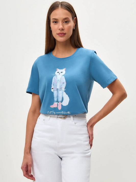 Blue t-shirt country white cat - Funny Cat T-shirt | For Cat Lovers | CAT by maniita lacitta