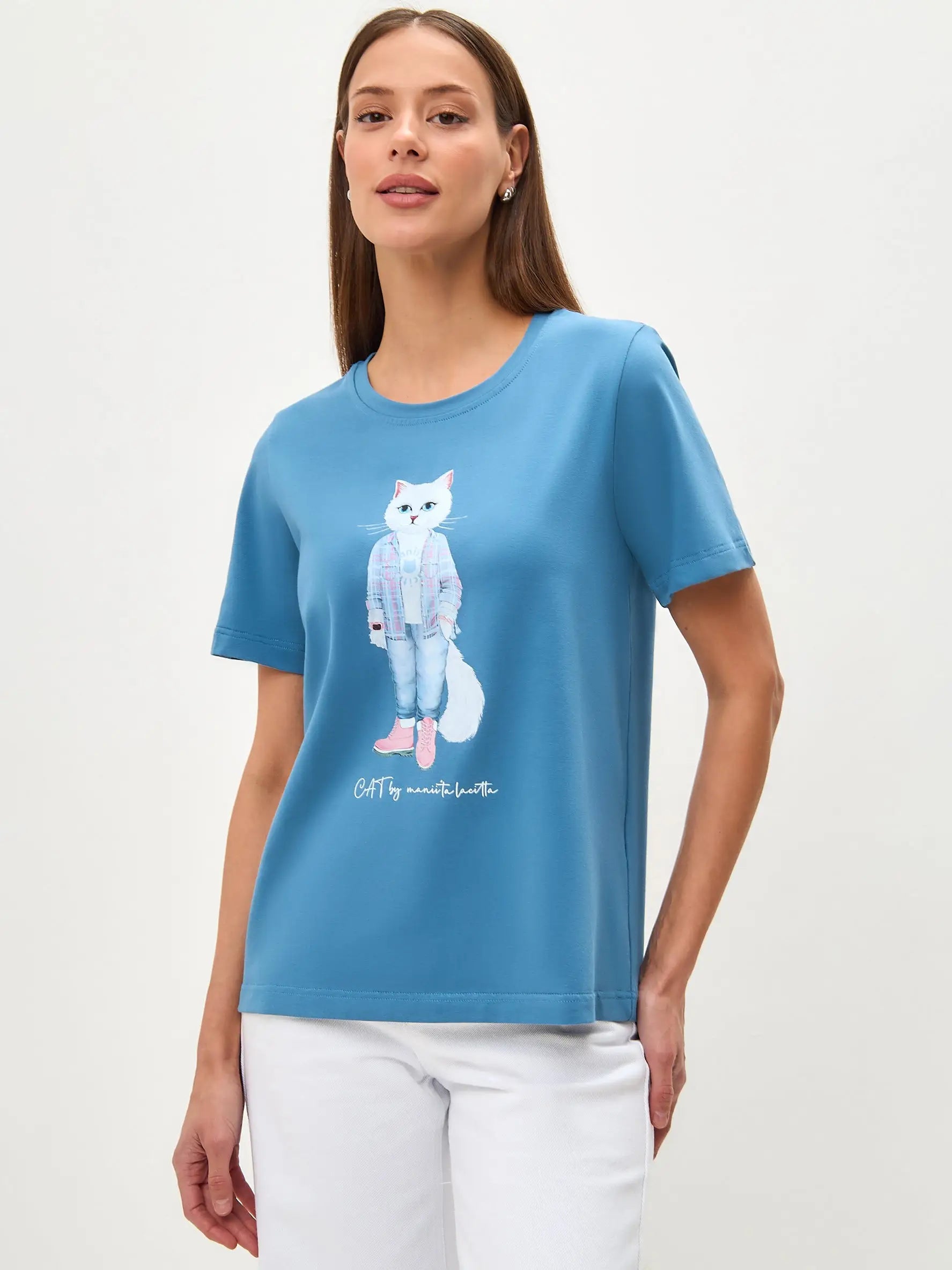 Blue t-shirt country white cat - Funny Cat T-shirt | For Cat Lovers | CAT by maniita lacitta