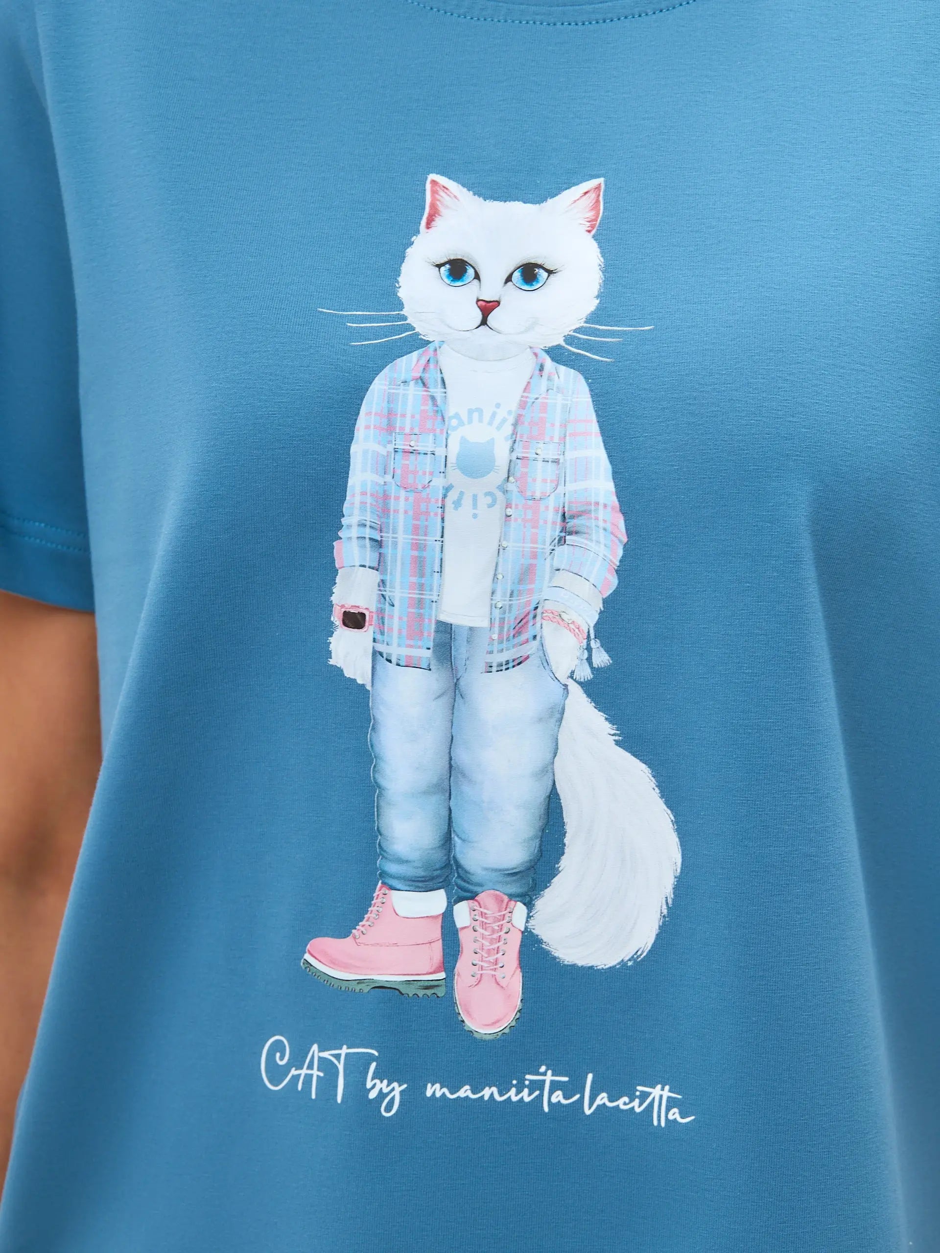 Blue t-shirt country white cat - Funny Cat T-shirt | For Cat Lovers | CAT by maniita lacitta