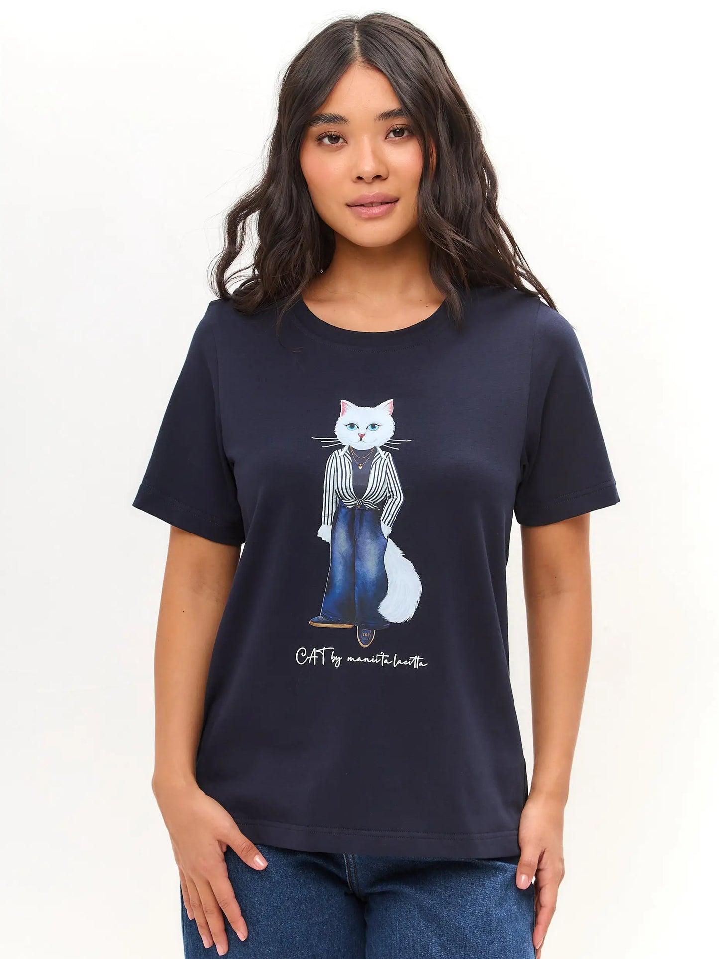 Blue t-shirt country white cat - Funny Cat T-shirt | For Cat Lovers | CAT by maniita lacitta