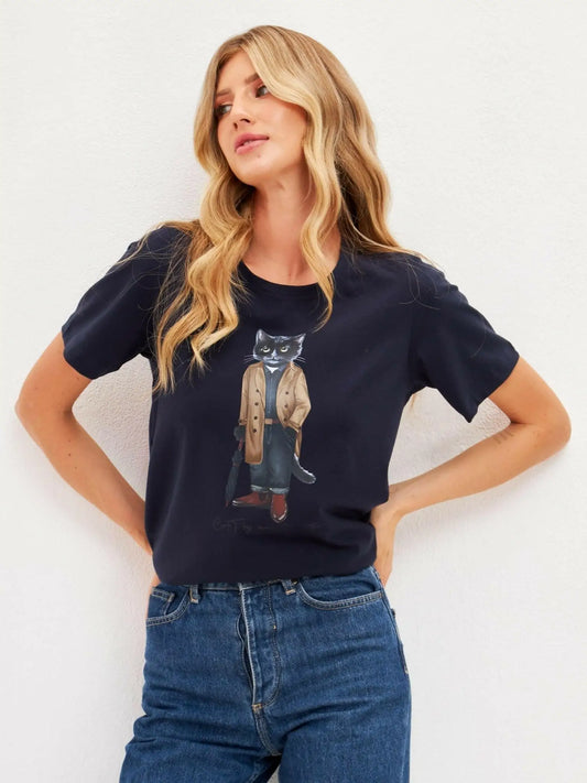 Blue t-shirt trench coat cat - Funny Cat T-shirt | For Cat Lovers | CAT by maniita lacitta