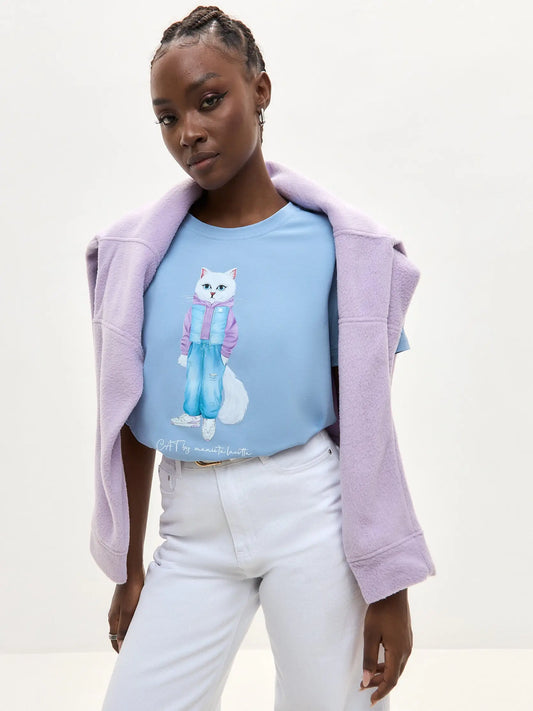 Blue t-shirt walking cat - Funny Cat T-shirt | For Cat Lovers | CAT by maniita lacitta