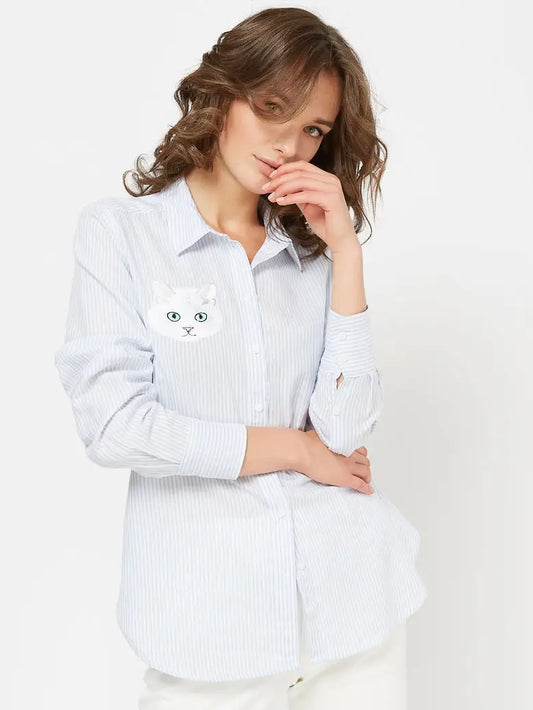 Blue women’s shirt cat - Funny Cat Shirt & Striped shirt | For Cat Lovers | CAT by maniita