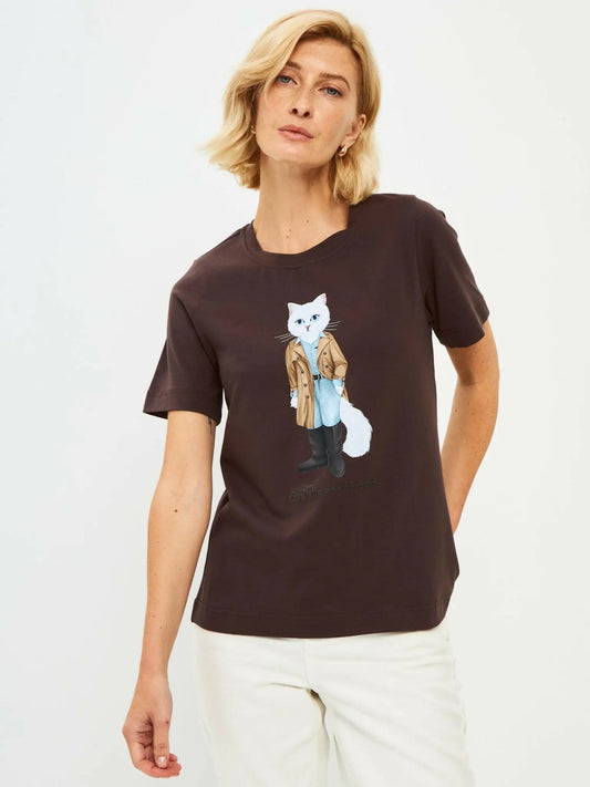 Brown printed t-shirt trench coat white cat - Funny Cat T-shirt | For Cat Lovers | CAT by maniita lacitta
