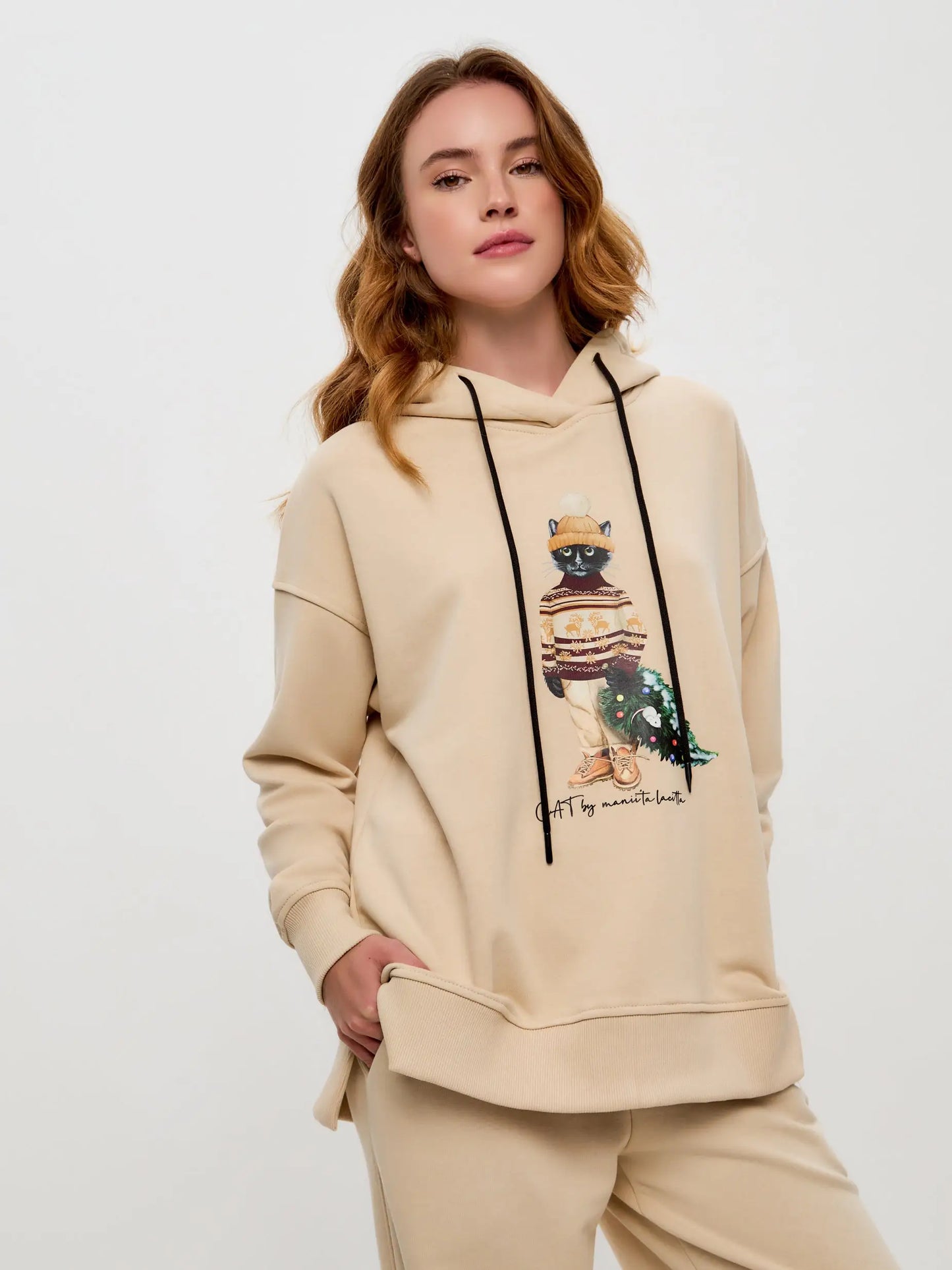 Christmas set: beige sports chic women’s suit over-hoodie with cat and culottes - Funny Cat | For Cat Lovers | CAT