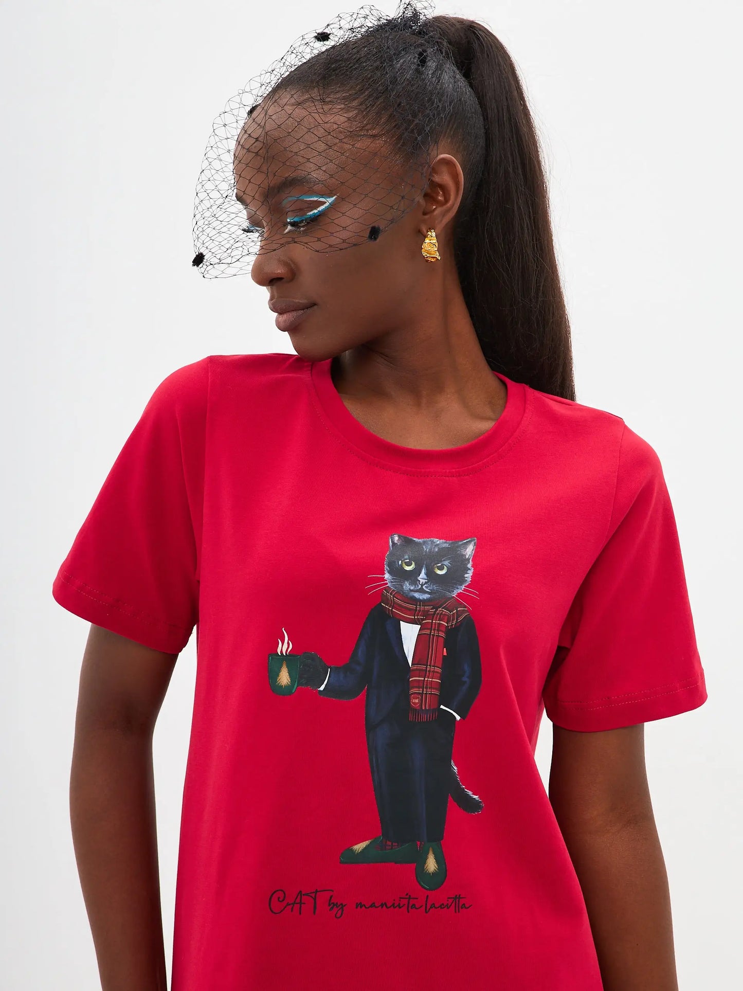 Christmas set: women’s red t-shirt with a black cat and a black tulle maxi skirt - Funny Cat | For Cat Lovers | CAT