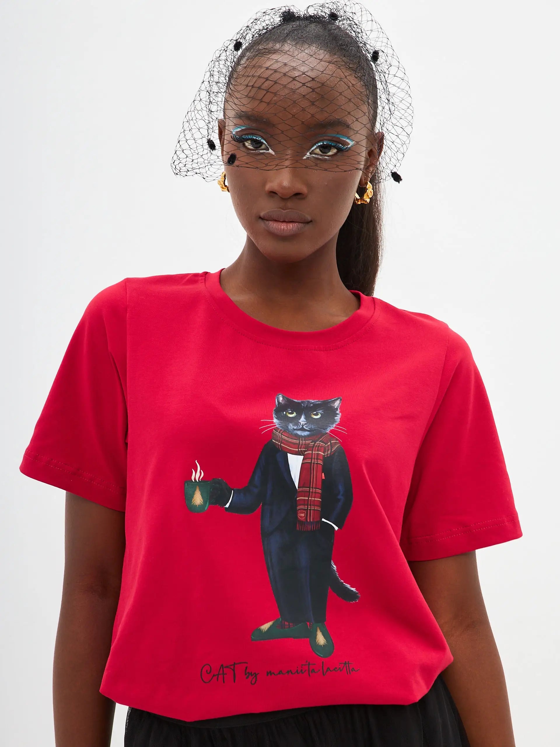 Christmas set: women’s red t-shirt with a black cat and a black tulle maxi skirt - Funny Cat | For Cat Lovers | CAT
