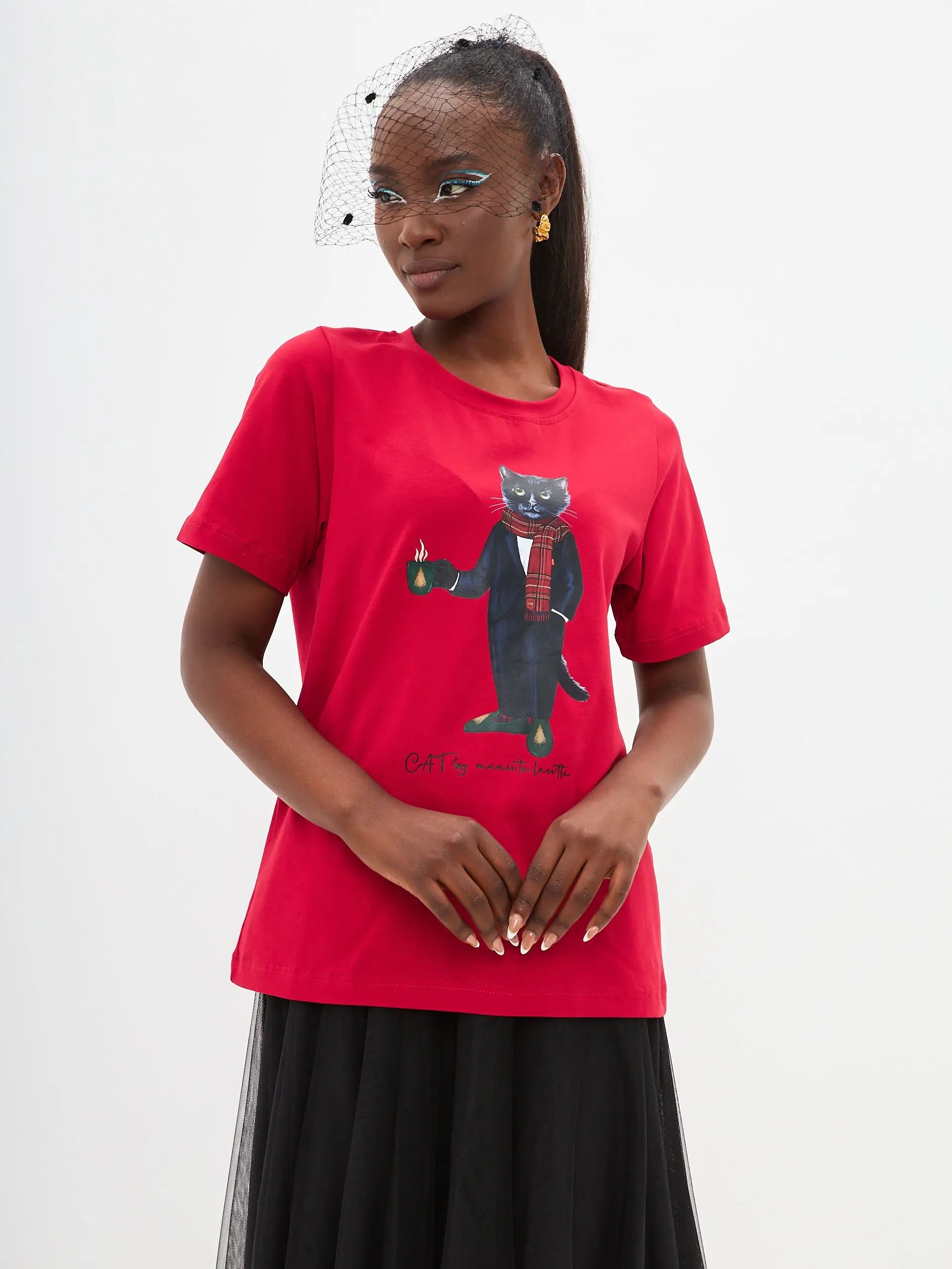 Christmas set: women’s red t-shirt with a black cat and a black tulle maxi skirt - Funny Cat | For Cat Lovers | CAT