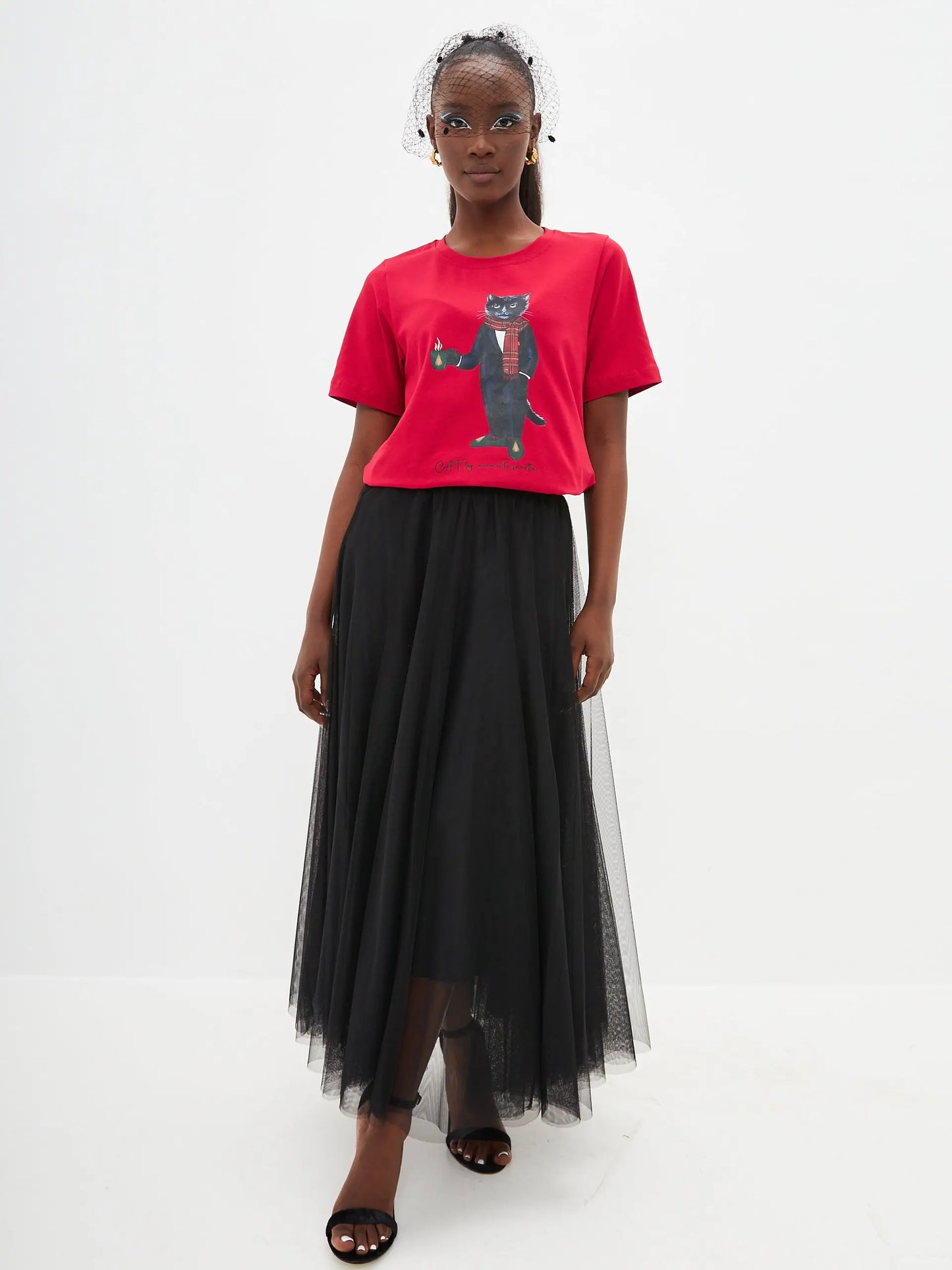 Christmas set: women’s red t-shirt with a black cat and a black tulle maxi skirt - Funny Cat | For Cat Lovers | CAT