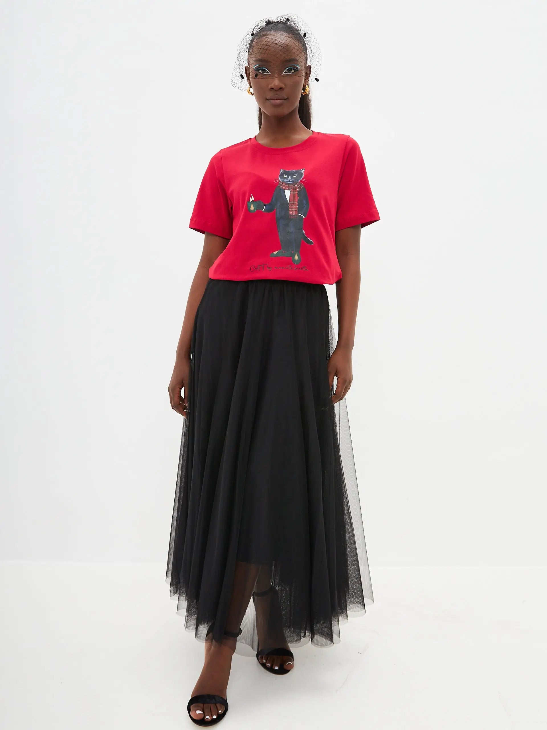 Christmas set: women’s red t-shirt with a black cat and a black tulle maxi skirt - Funny Cat | For Cat Lovers | CAT