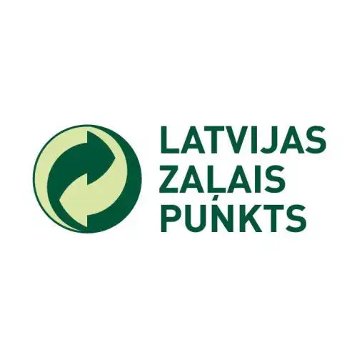 A circular green logo with two arrows forming a circle, accompanied by the text ’LATVIJAS ZAĻAIS PUNKTS’.