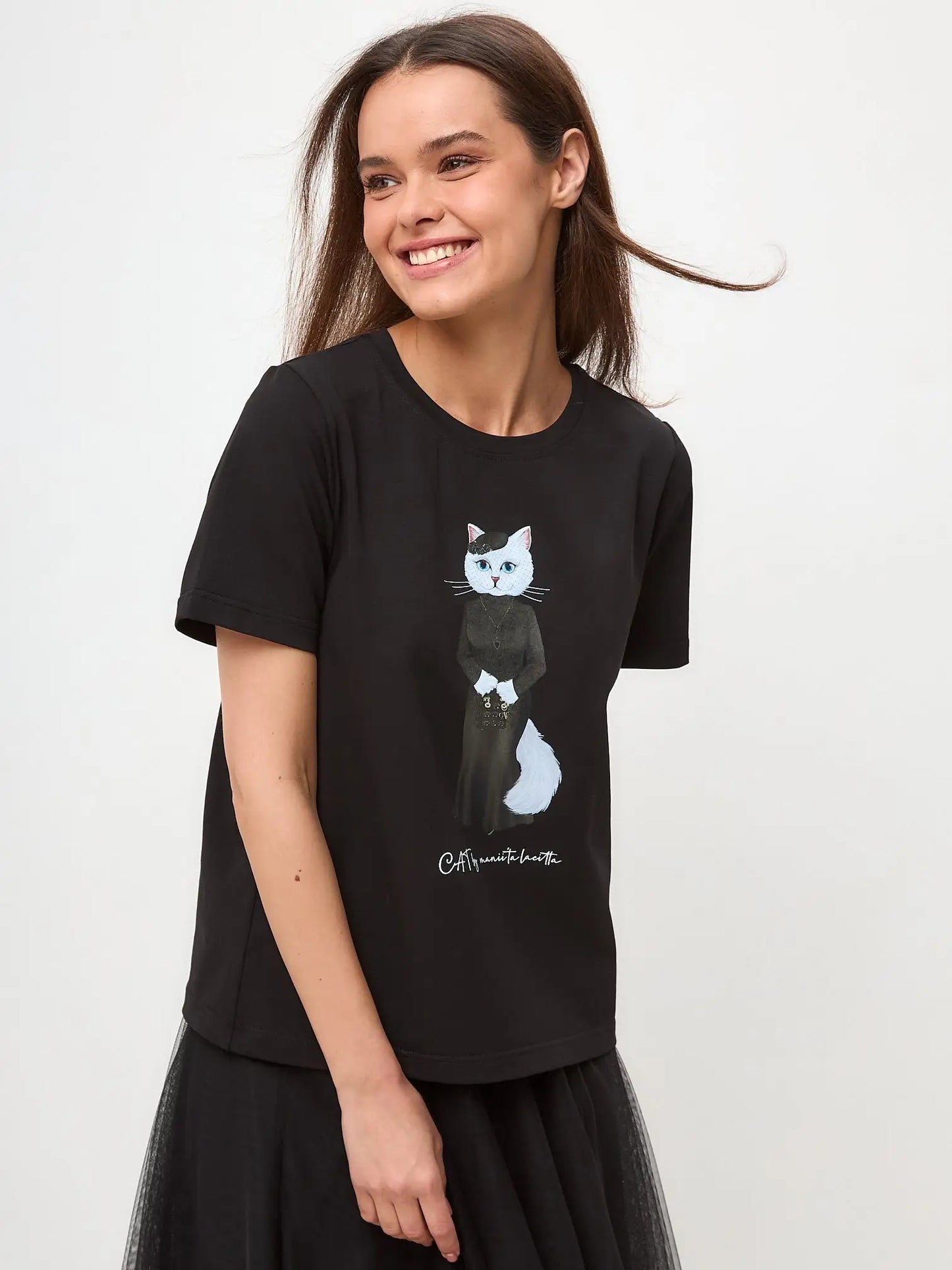 Elegance set: women’s black t-shirt with a white cat and black tulle maxi skirt - Funny Cat | For Cat Lovers | CAT