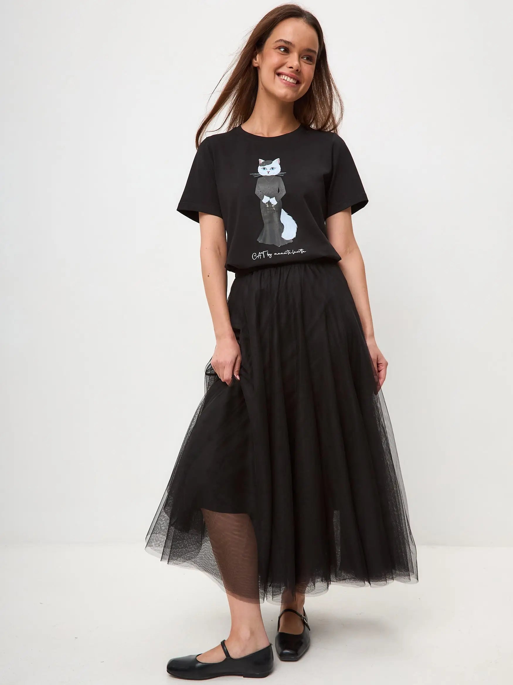Elegance set: women’s black t-shirt with a white cat and black tulle maxi skirt - Funny Cat | For Cat Lovers | CAT